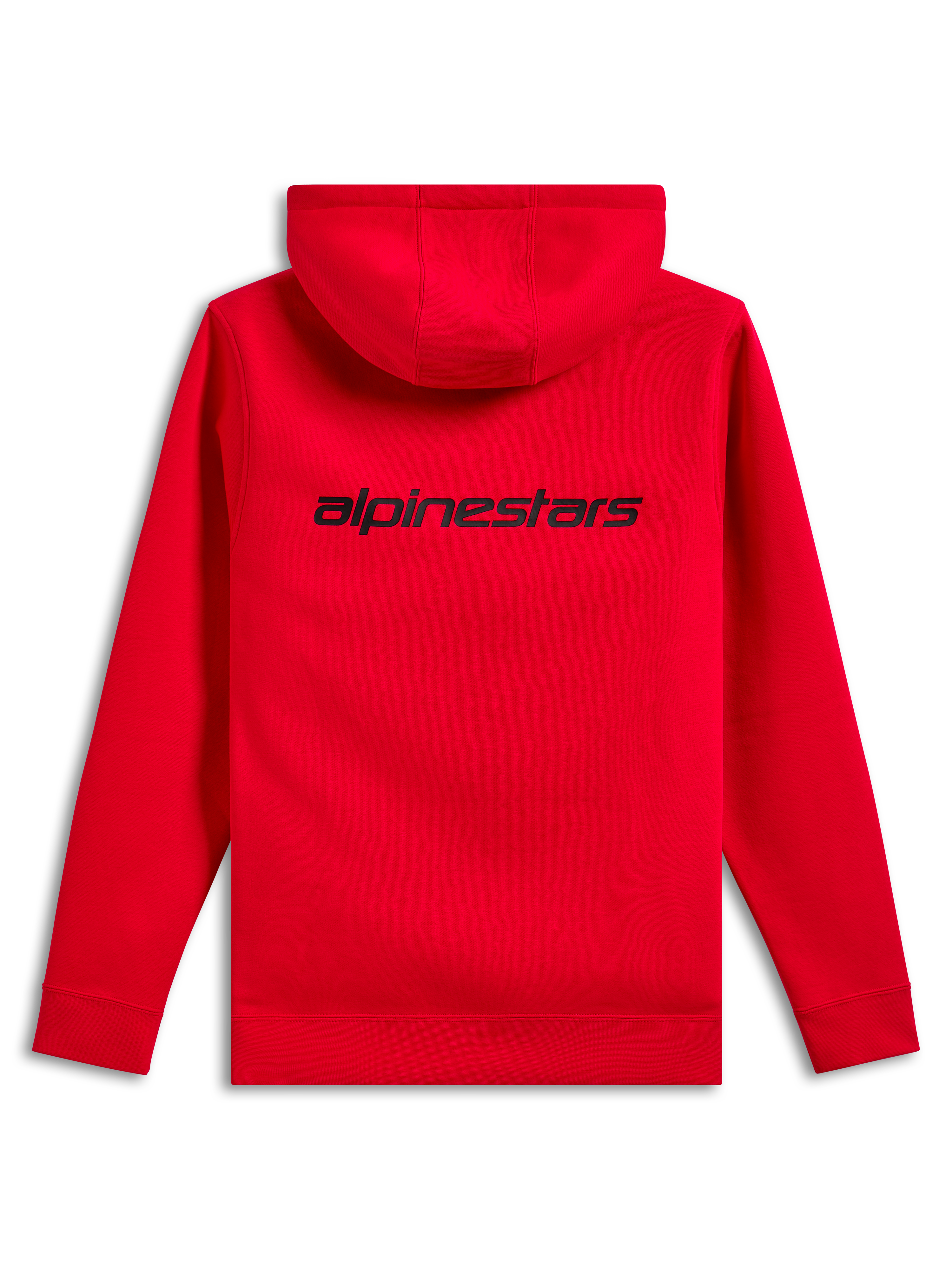 Alpinestars Transverse Hoodie, vista traseira, Vermelho, com logótipo Alpinestars wordmark preto na parte superior das costas, sweatshirt casual com capuz e punhos e bainha canelados.