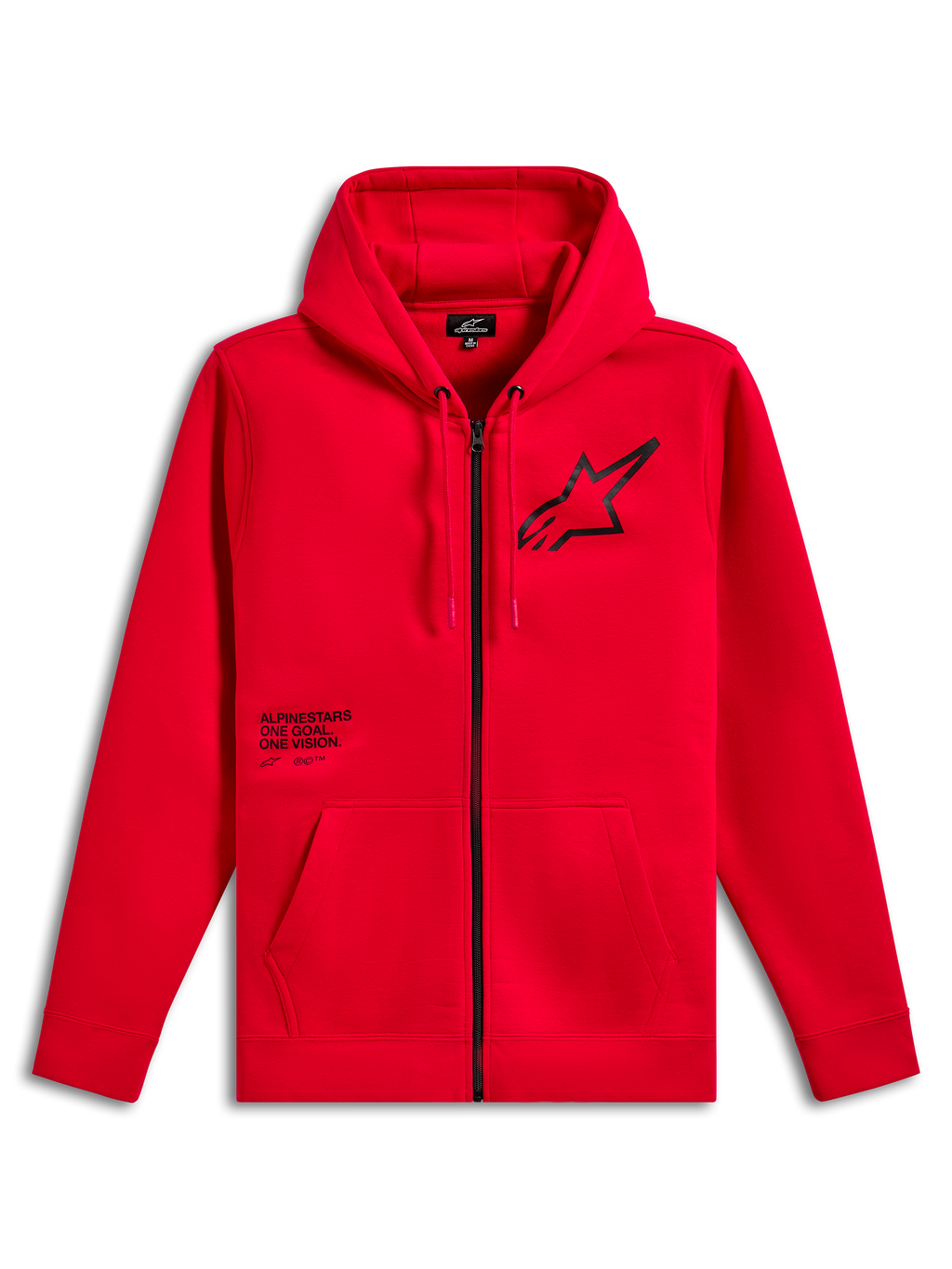 Alpinestars Transverse Hoodie, sweatshirt com capuz e fecho de correr em tecido polar, vermelha, logótipo Astars preto no peito com impressão de texto One Goal One Vision, capuz com cordão, bolsos canguru, punhos e bainha canelados, streetwear casual de desporto motorizado