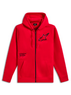 Alpinestars Transverse Hoodie, sweatshirt com capuz e fecho de correr em tecido polar, vermelha, logótipo Astars preto no peito com impressão de texto One Goal One Vision, capuz com cordão, bolsos canguru, punhos e bainha canelados, streetwear casual de desporto motorizado