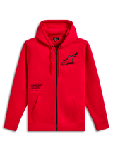 Alpinestars Transverse Hoodie, sweatshirt com capuz e fecho de correr em tecido polar, vermelha, logótipo Astars preto no peito com impressão de texto One Goal One Vision, capuz com cordão, bolsos canguru, punhos e bainha canelados, streetwear casual de desporto motorizado