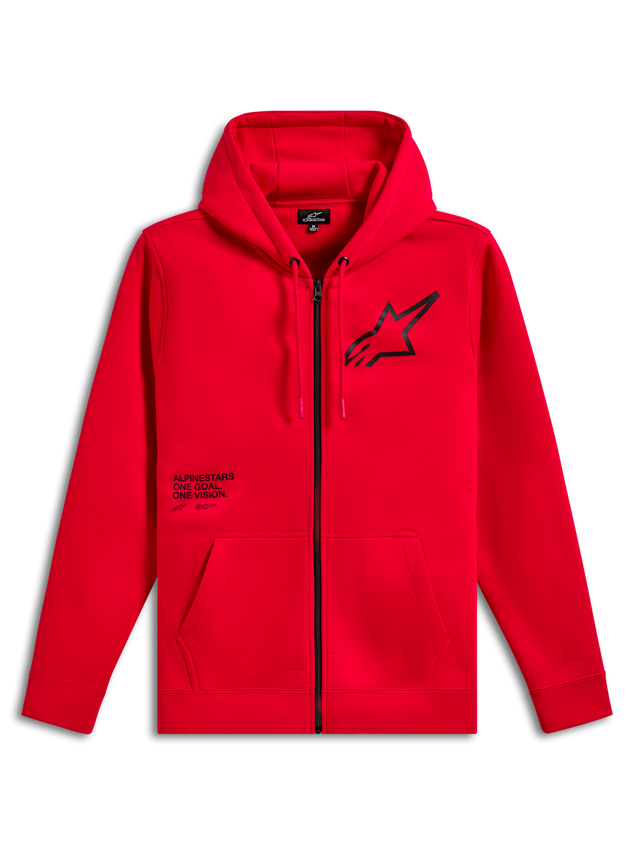Alpinestars Transverse Hoodie, sweatshirt com capuz e fecho de correr em tecido polar, vermelha, logótipo Astars preto no peito com impressão de texto One Goal One Vision, capuz com cordão, bolsos canguru, punhos e bainha canelados, streetwear casual de desporto motorizado