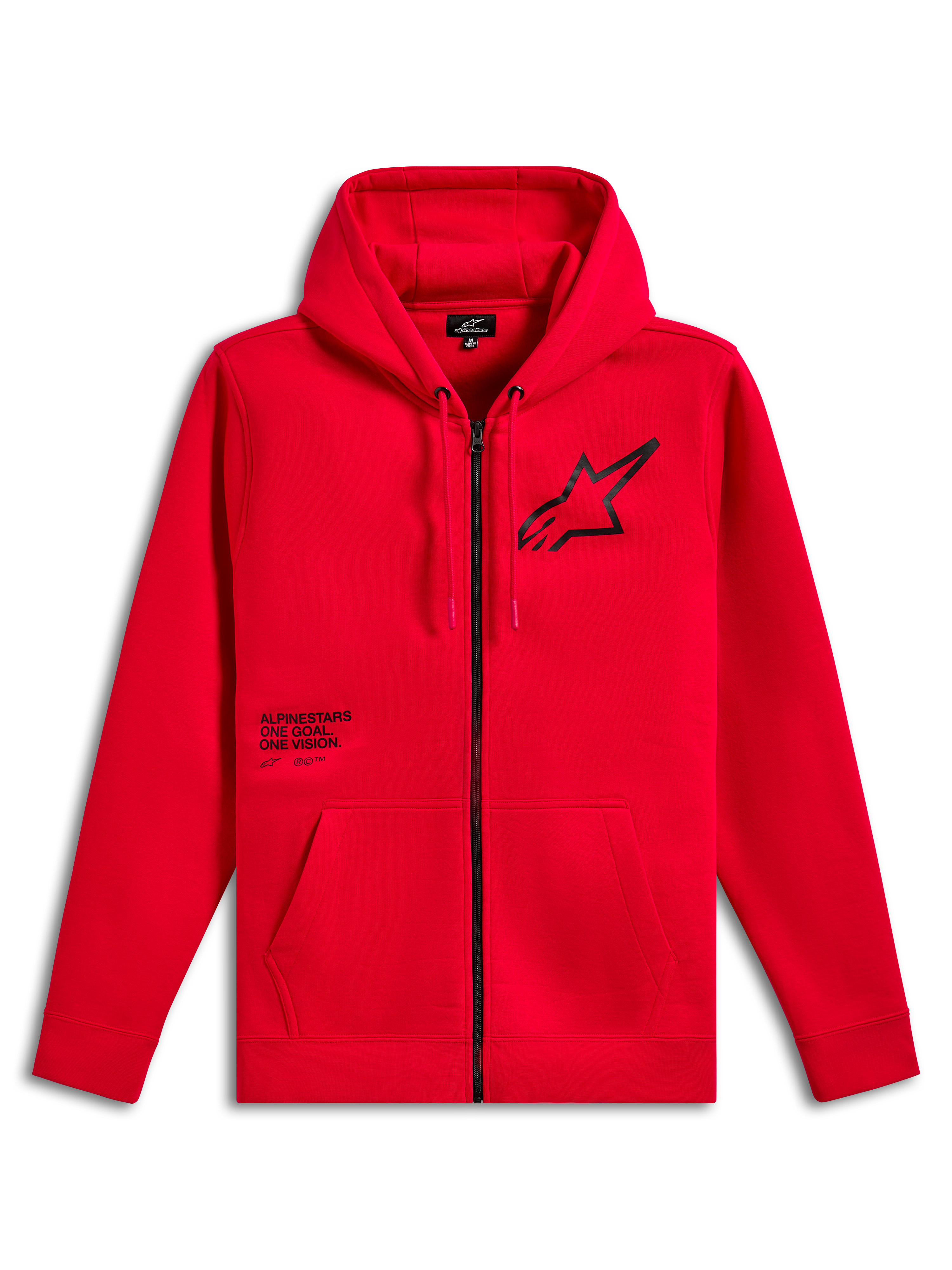 Alpinestars Transverse Hoodie, sweatshirt com capuz e fecho de correr em tecido polar, vermelha, logótipo Astars preto no peito com impressão de texto One Goal One Vision, capuz com cordão, bolsos canguru, punhos e bainha canelados, streetwear casual de desporto motorizado