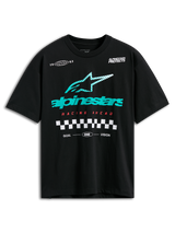 Alpinestars Aplomb Oversized CSF Tee, Short Sleeve T-Shirt, Black, Large Teal and White Striped Astars Logo, Red Racing Ahead Text and Checkered Graphic, Casual Motorsport Streetwear
