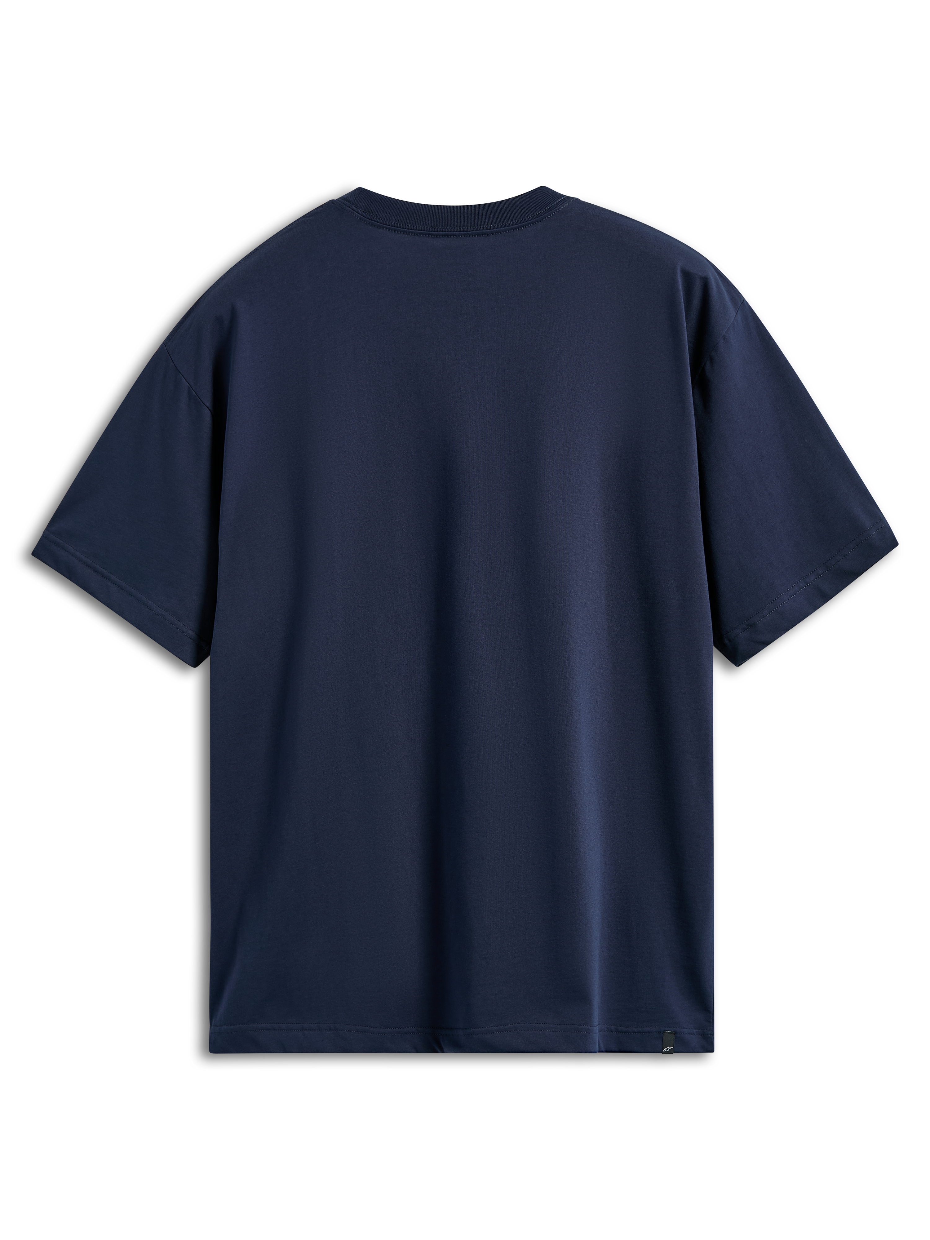 Alpinestars Aplomb Oversized CSF Tee, t-shirt de manga curta, azul-marinho, vista traseira, corte oversized relaxado, design liso com uma pequena etiqueta de logótipo na bainha inferior, roupa desportiva casual