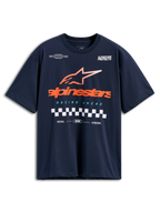 T-shirt Alpinestars Aplomb Oversized CSF, t-shirt de manga curta, azul-marinho, logótipo Alpinestars grande cor de laranja com estrela às riscas e detalhe de bandeira de xadrez, streetwear casual de desportos motorizados