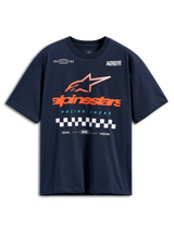 T-shirt Alpinestars Aplomb Oversized CSF, t-shirt de manga curta, azul-marinho, logótipo Alpinestars grande cor de laranja com estrela às riscas e detalhe de bandeira de xadrez, streetwear casual de desportos motorizados