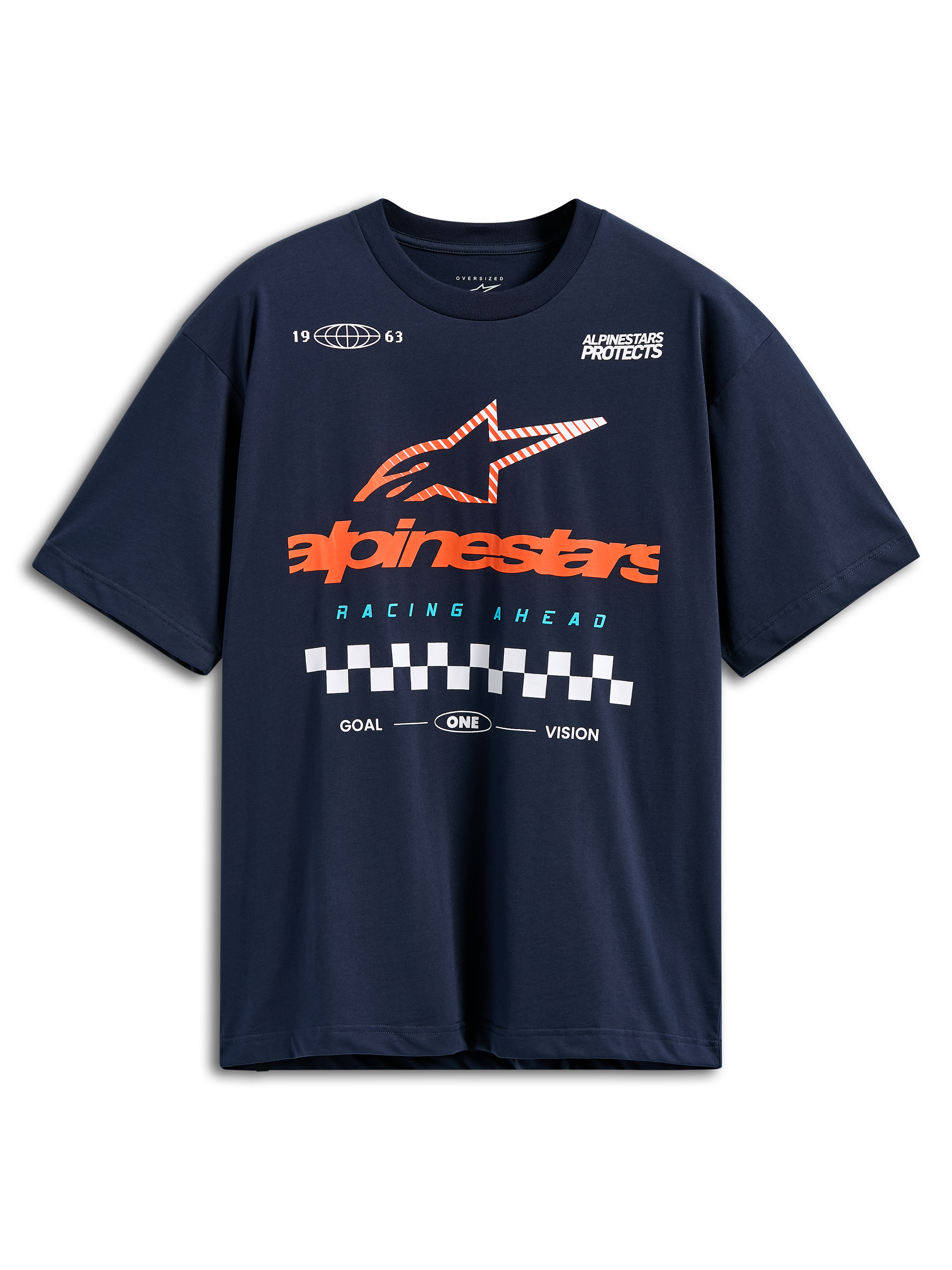 T-shirt Alpinestars Aplomb Oversized CSF, t-shirt de manga curta, azul-marinho, logótipo Alpinestars grande cor de laranja com estrela às riscas e detalhe de bandeira de xadrez, streetwear casual de desportos motorizados