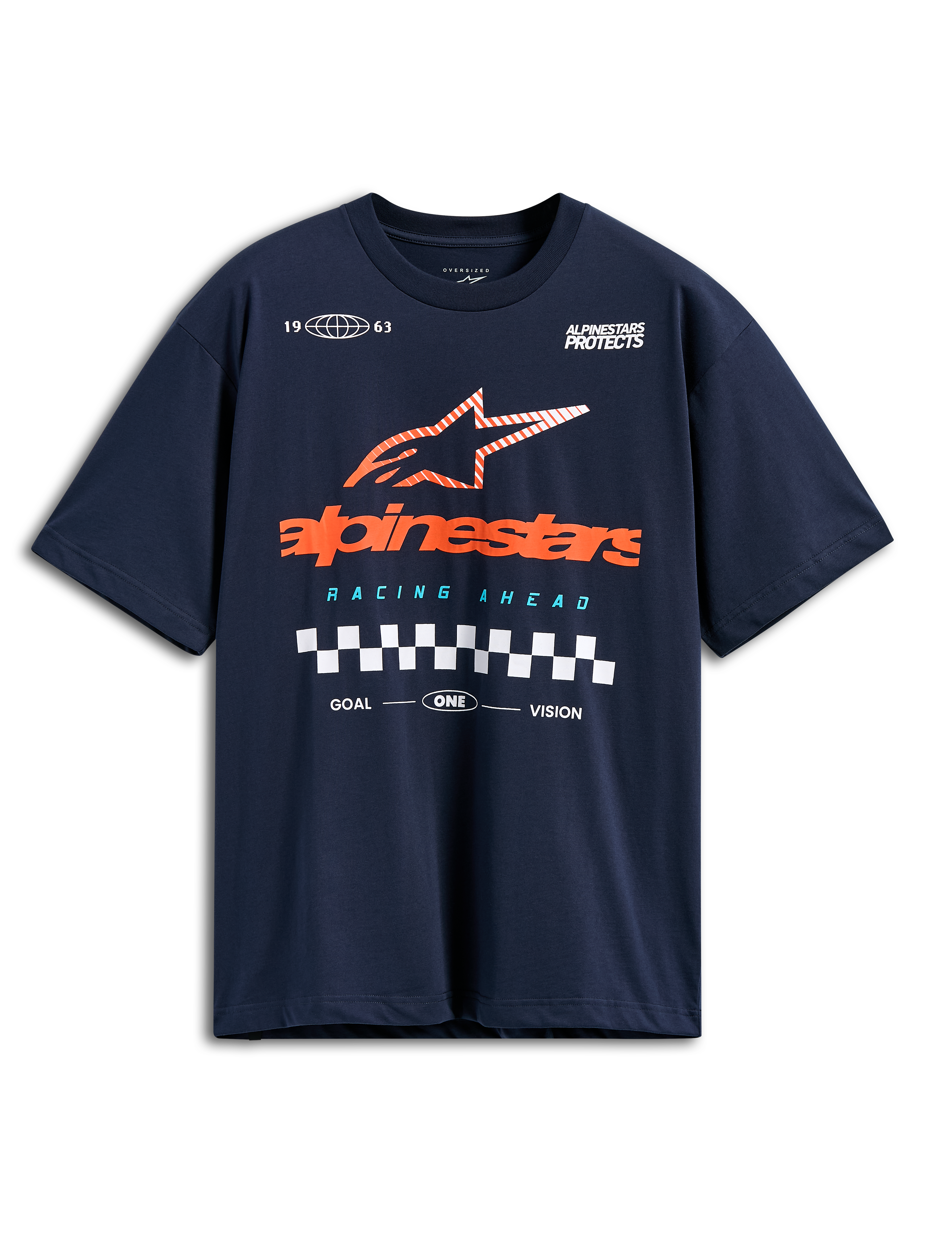 T-shirt Alpinestars Aplomb Oversized CSF, t-shirt de manga curta, azul-marinho, logótipo Alpinestars grande cor de laranja com estrela às riscas e detalhe de bandeira de xadrez, streetwear casual de desportos motorizados