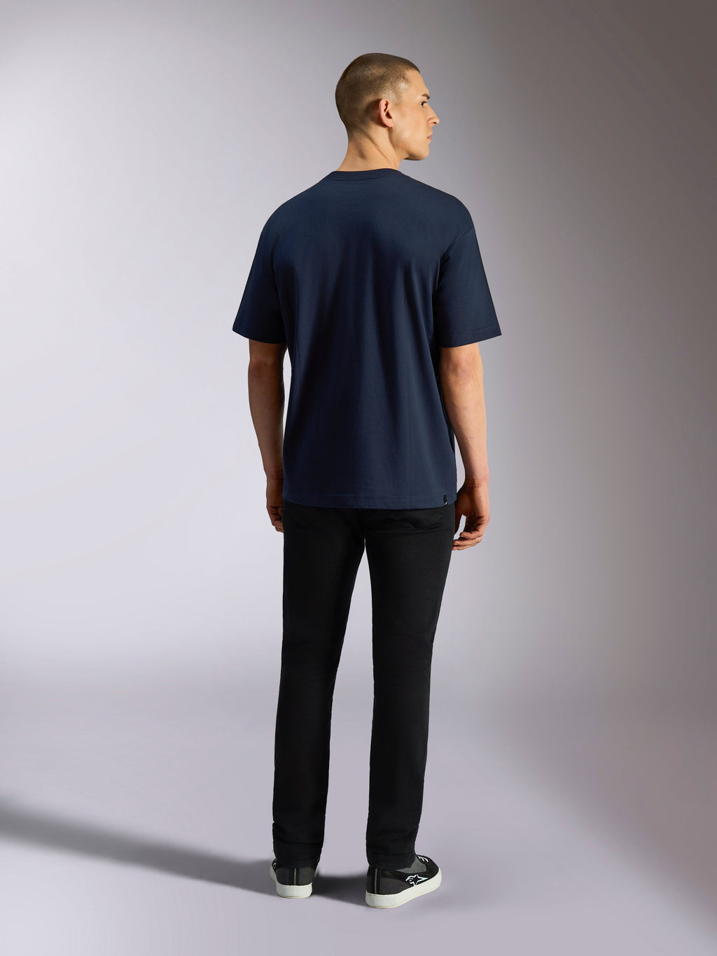 Alpinestars Aplomb Oversized CSF Tee, t-shirt de manga curta, azul-marinho, vista traseira, design simples com corte relaxado, streetwear casual de desportos motorizados
