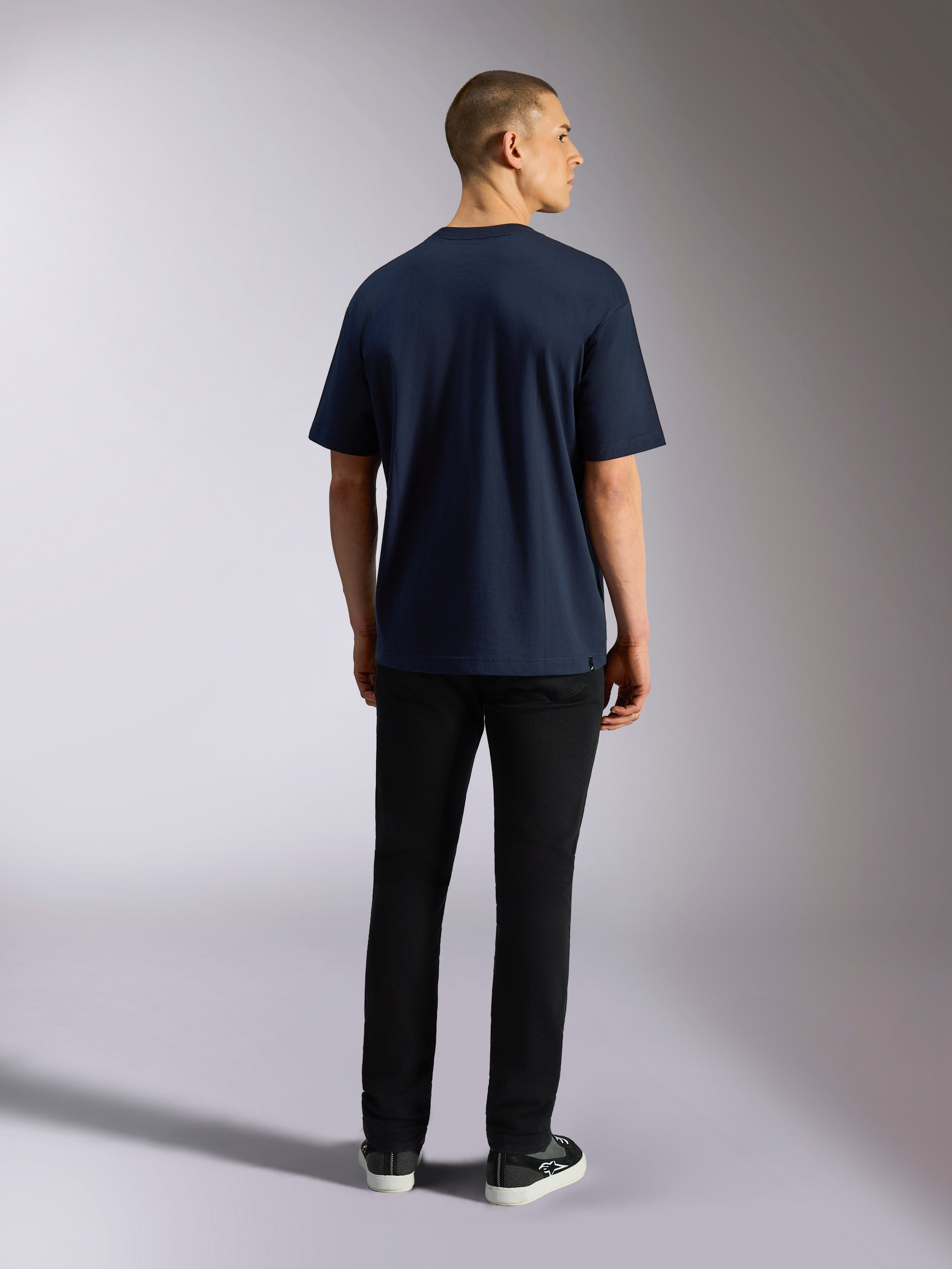 Alpinestars Aplomb Oversized CSF Tee, t-shirt de manga curta, azul-marinho, vista traseira, design simples com corte relaxado, streetwear casual de desportos motorizados