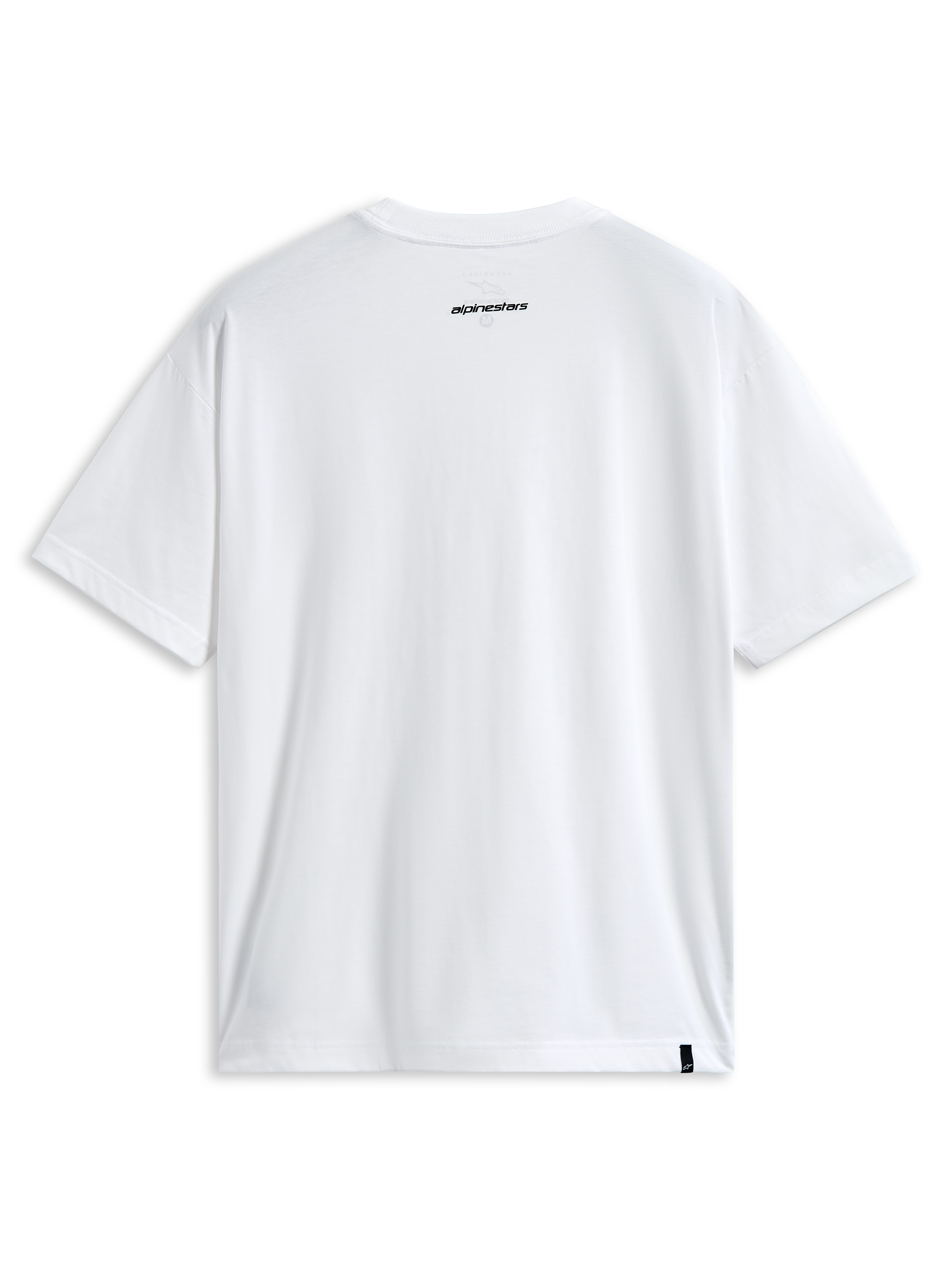 Alpinestars Focused Oversized CSF Tee, t-shirt de manga curta, branca, vista traseira com pequeno logótipo Alpinestars preto na gola e etiqueta externa na bainha, streetwear casual de desportos motorizados