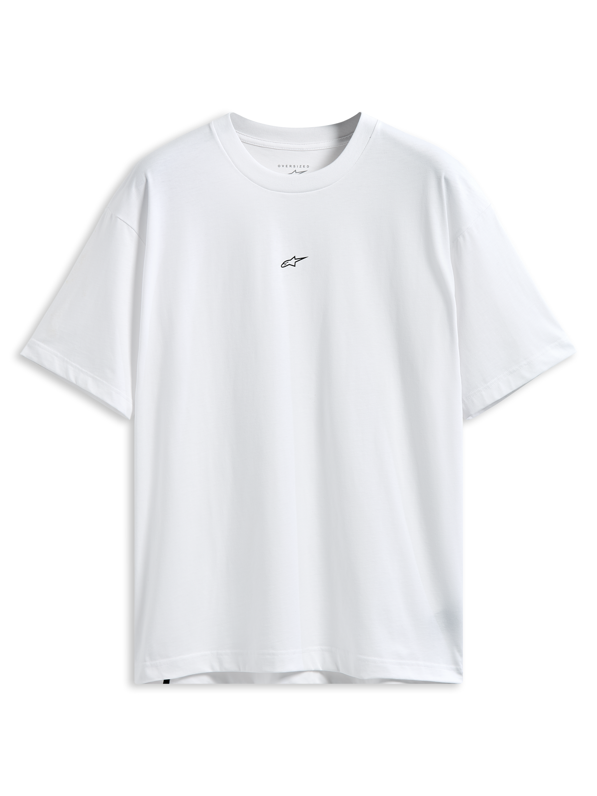 Alpinestars Focused Oversized CSF Tee, t-shirt de manga curta, branca, pequeno logótipo Astars preto no peito, corte oversized descontraído, streetwear casual de motorsport