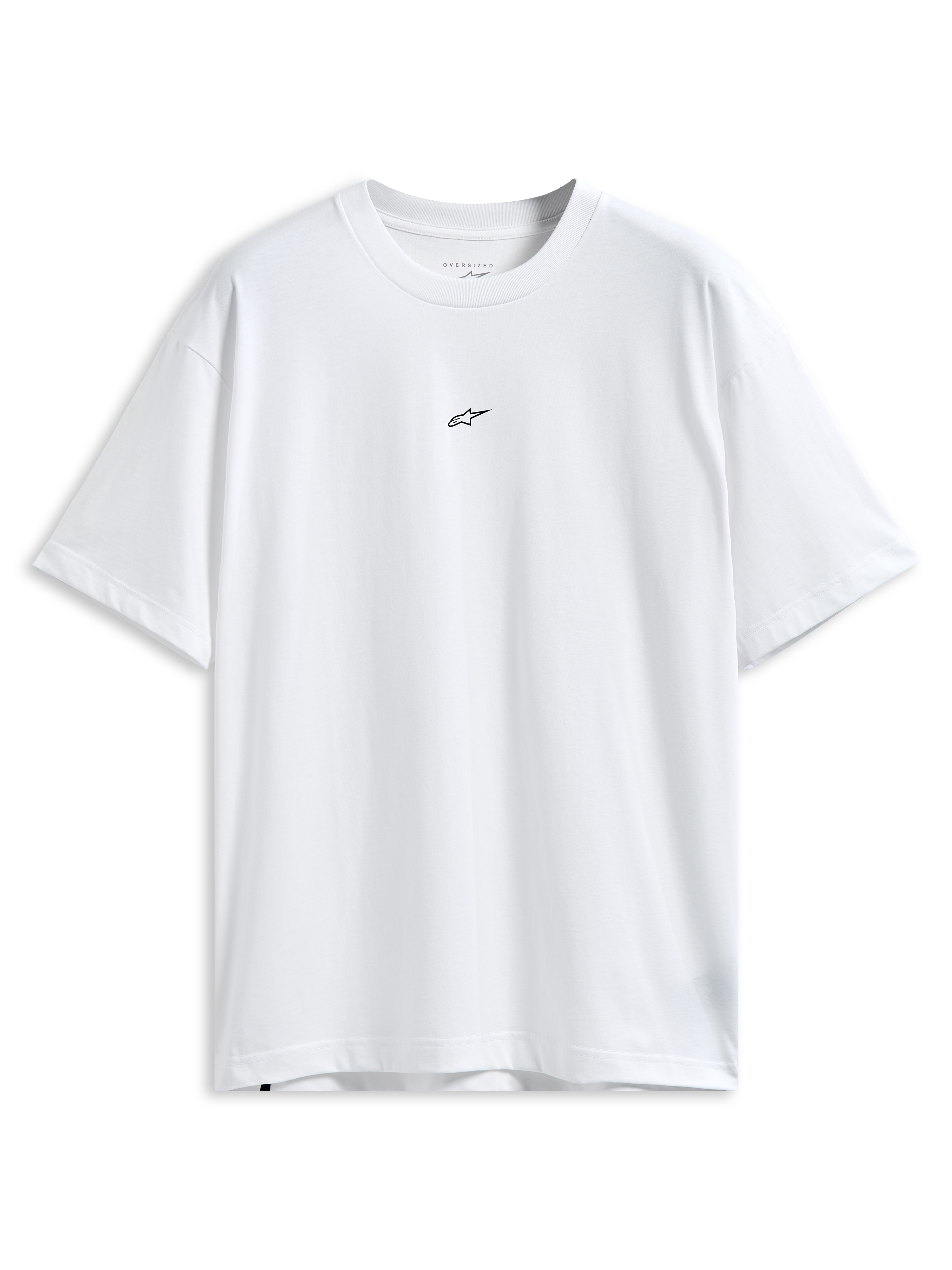 Alpinestars Focused Oversized CSF Tee, t-shirt de manga curta, branca, pequeno logótipo Astars preto no peito, corte oversized descontraído, streetwear casual de motorsport