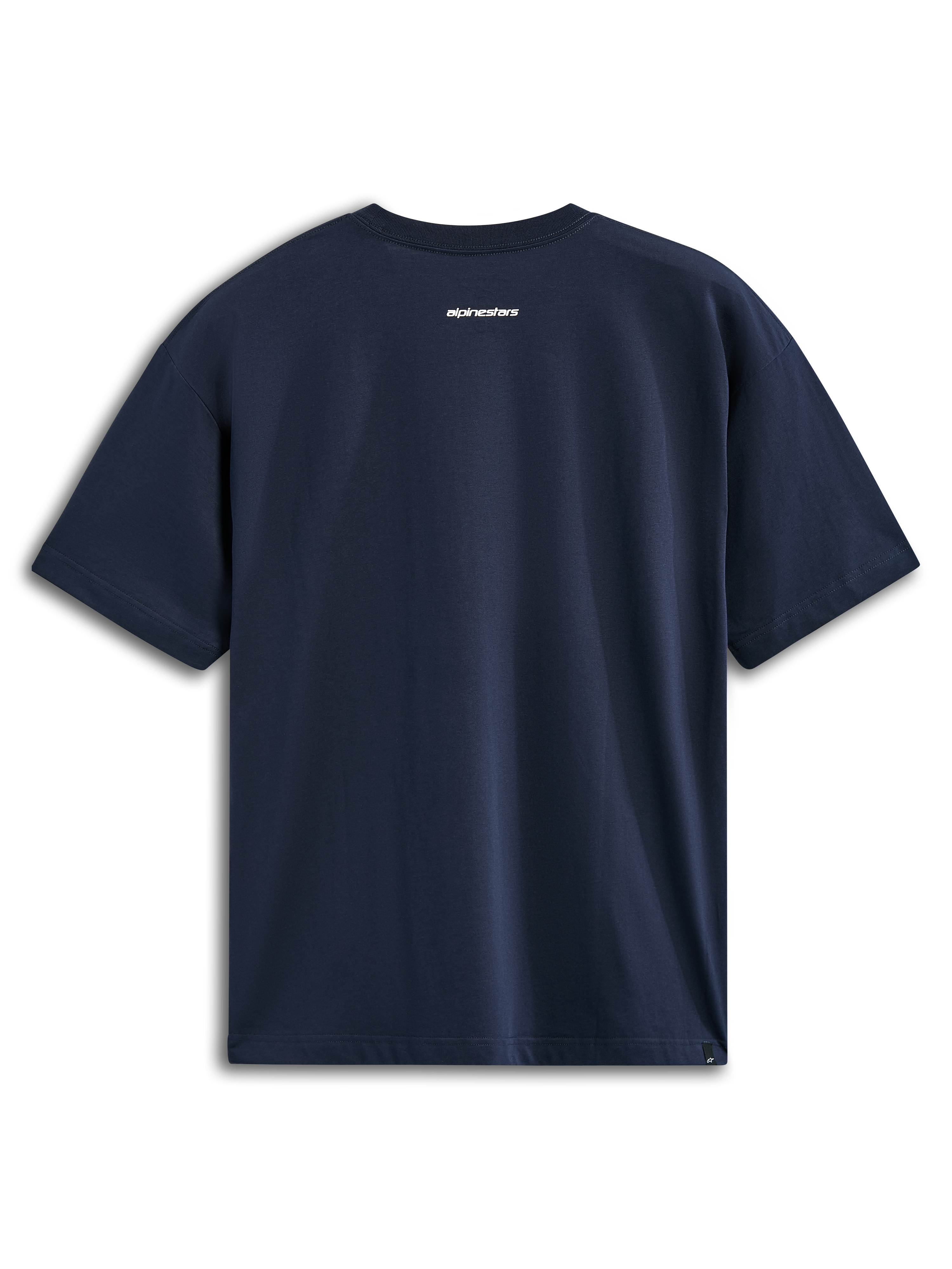 Alpinestars Focused Oversized CSF Tee, t-shirt de manga curta, azul marinho, vista traseira com pequeno logótipo Alpinestars em branco, streetwear casual de desportos motorizados