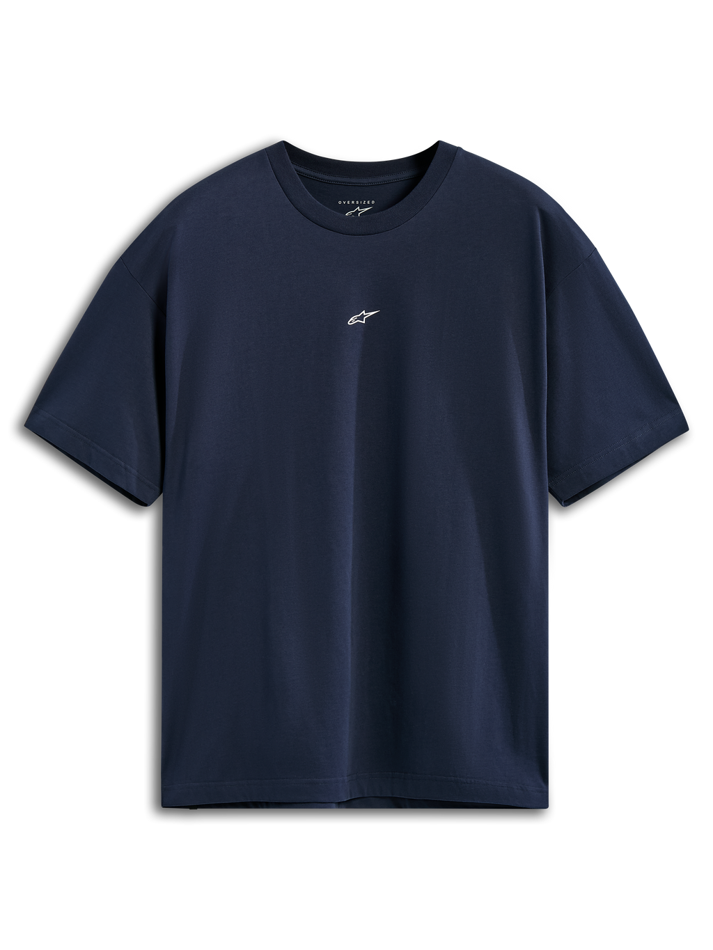Alpinestars Focused Oversized CSF Tee, t-shirt de manga curta, azul marinho, pequeno logótipo Astars branco no centro do peito, corte oversized descontraído, vestuário desportivo casual