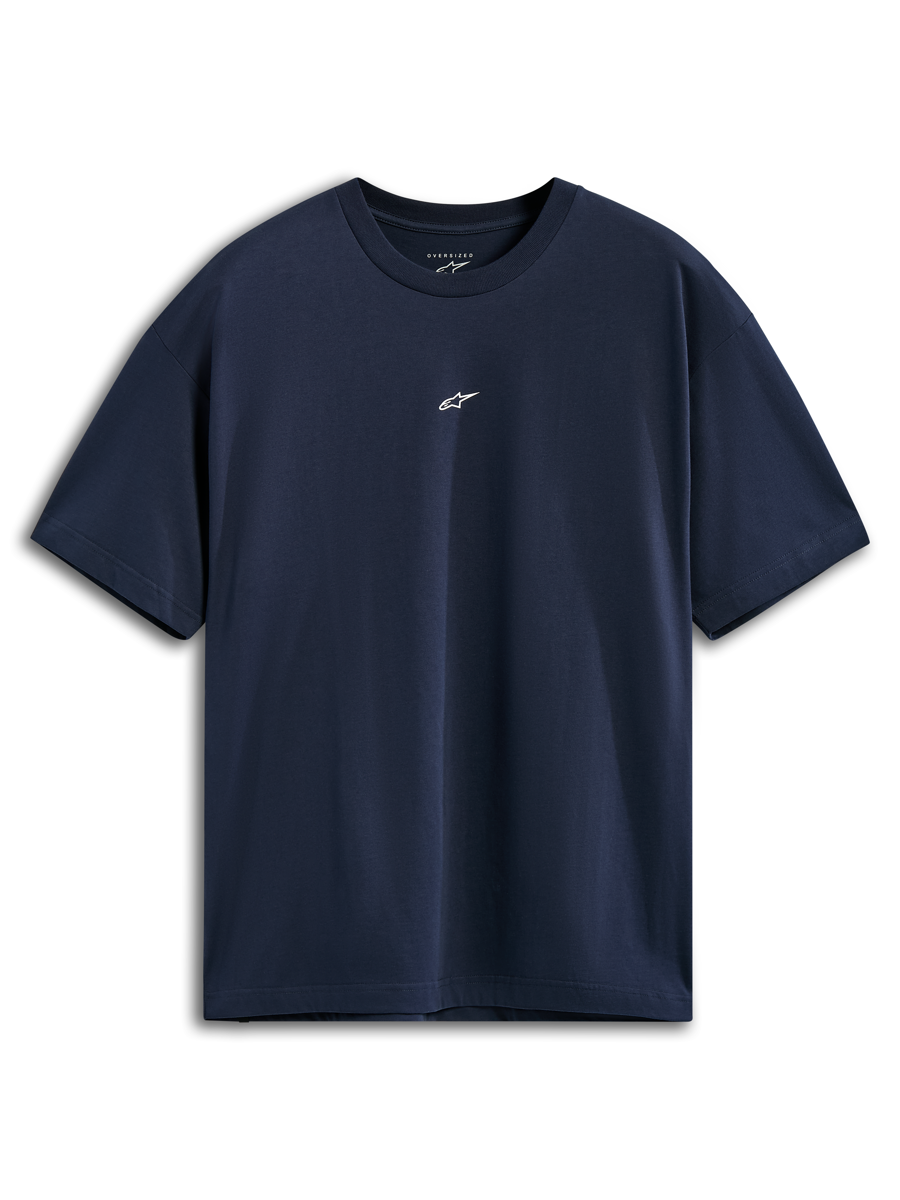 Alpinestars Focused Oversized CSF Tee, t-shirt de manga curta, azul marinho, pequeno logótipo Astars branco no centro do peito, corte oversized descontraído, vestuário desportivo casual