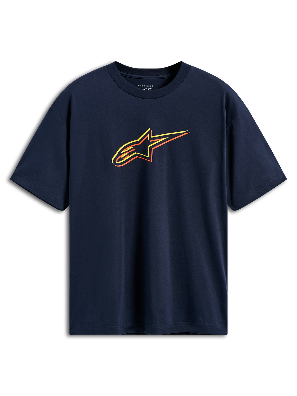 Alpinestars Alter Oversized CSF Tee, T-shirt de manga curta azul marinho, logótipo Astars com contornos em amarelo, laranja e vermelho, estilo streetwear casual de inspiração motorsport