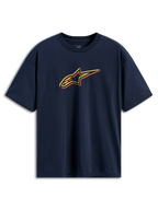Alpinestars Alter Oversized CSF Tee, T-shirt de manga curta azul marinho, logótipo Astars com contornos em amarelo, laranja e vermelho, estilo streetwear casual de inspiração motorsport