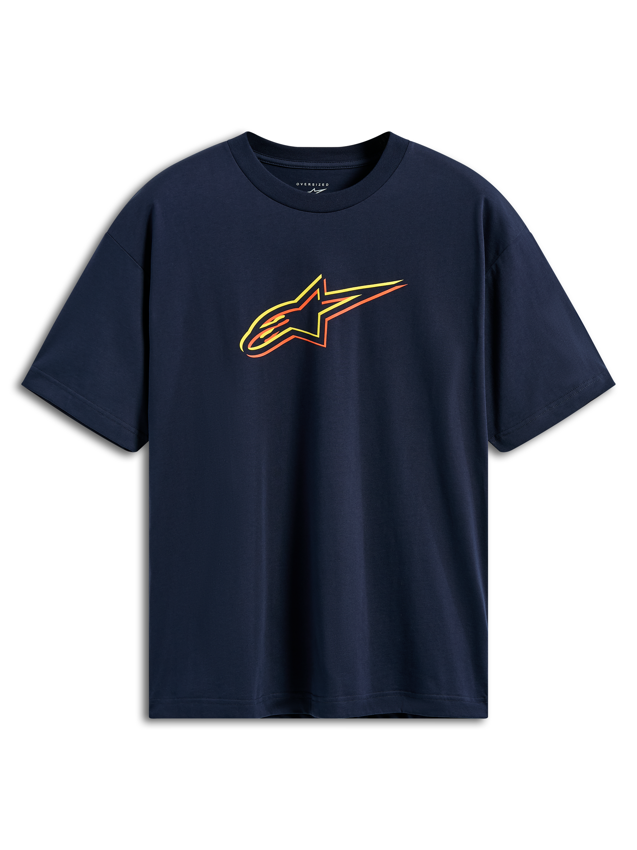 Alpinestars Alter Oversized CSF Tee, T-shirt de manga curta azul marinho, logótipo Astars com contornos em amarelo, laranja e vermelho, estilo streetwear casual de inspiração motorsport