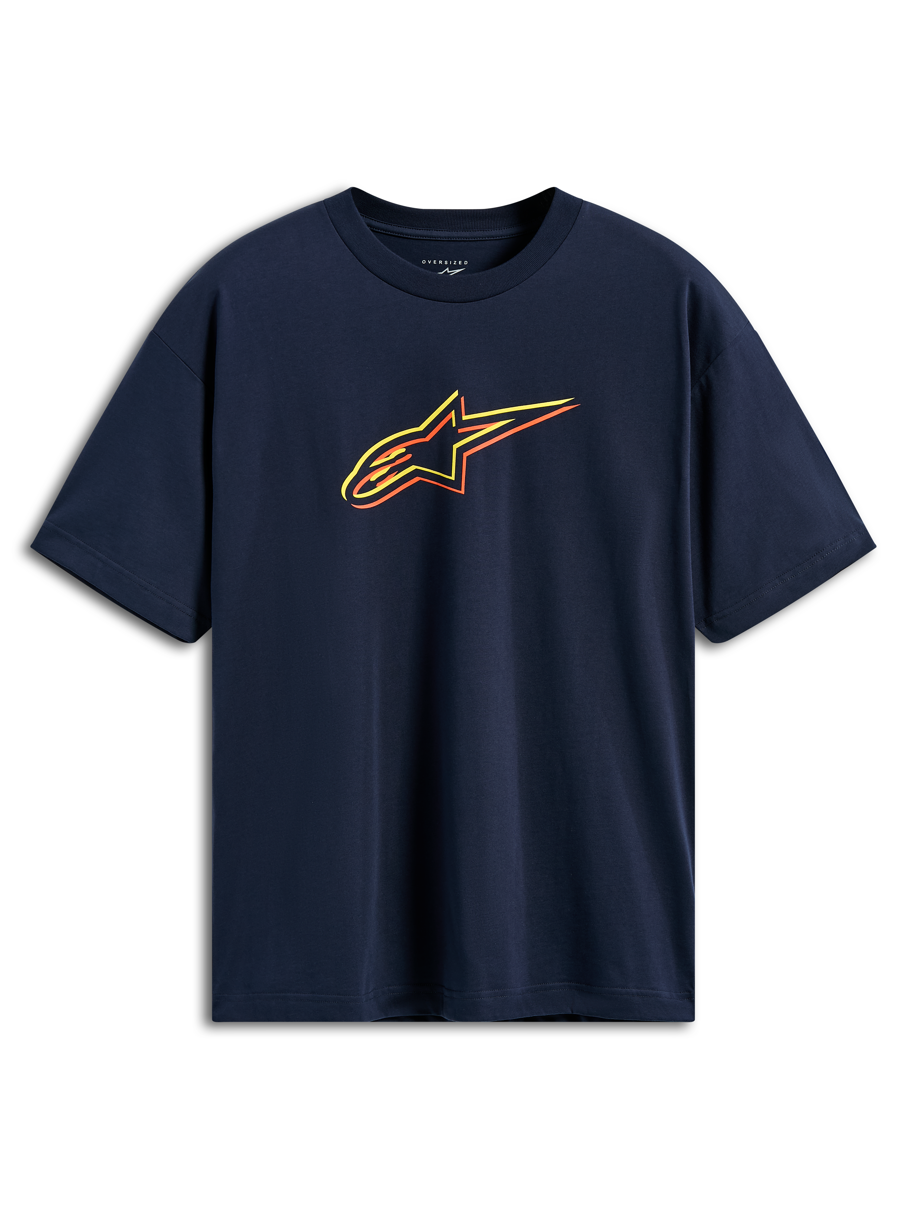 Alpinestars Alter Oversized CSF Tee, T-shirt de manga curta azul marinho, logótipo Astars com contornos em amarelo, laranja e vermelho, estilo streetwear casual de inspiração motorsport