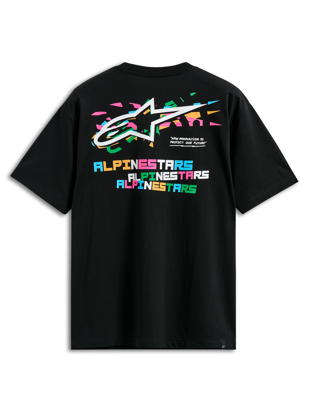 Alpinestars Wild Oversized CSF Tee, t-shirt de manga curta, preta, vista das costas com logótipo Astars multicolorido vibrante e letras Alpinestars em blocos empilhados, streetwear casual