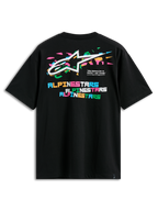 Alpinestars Wild Oversized CSF Tee, t-shirt de manga curta, preta, vista das costas com logótipo Astars multicolorido vibrante e letras Alpinestars em blocos empilhados, streetwear casual