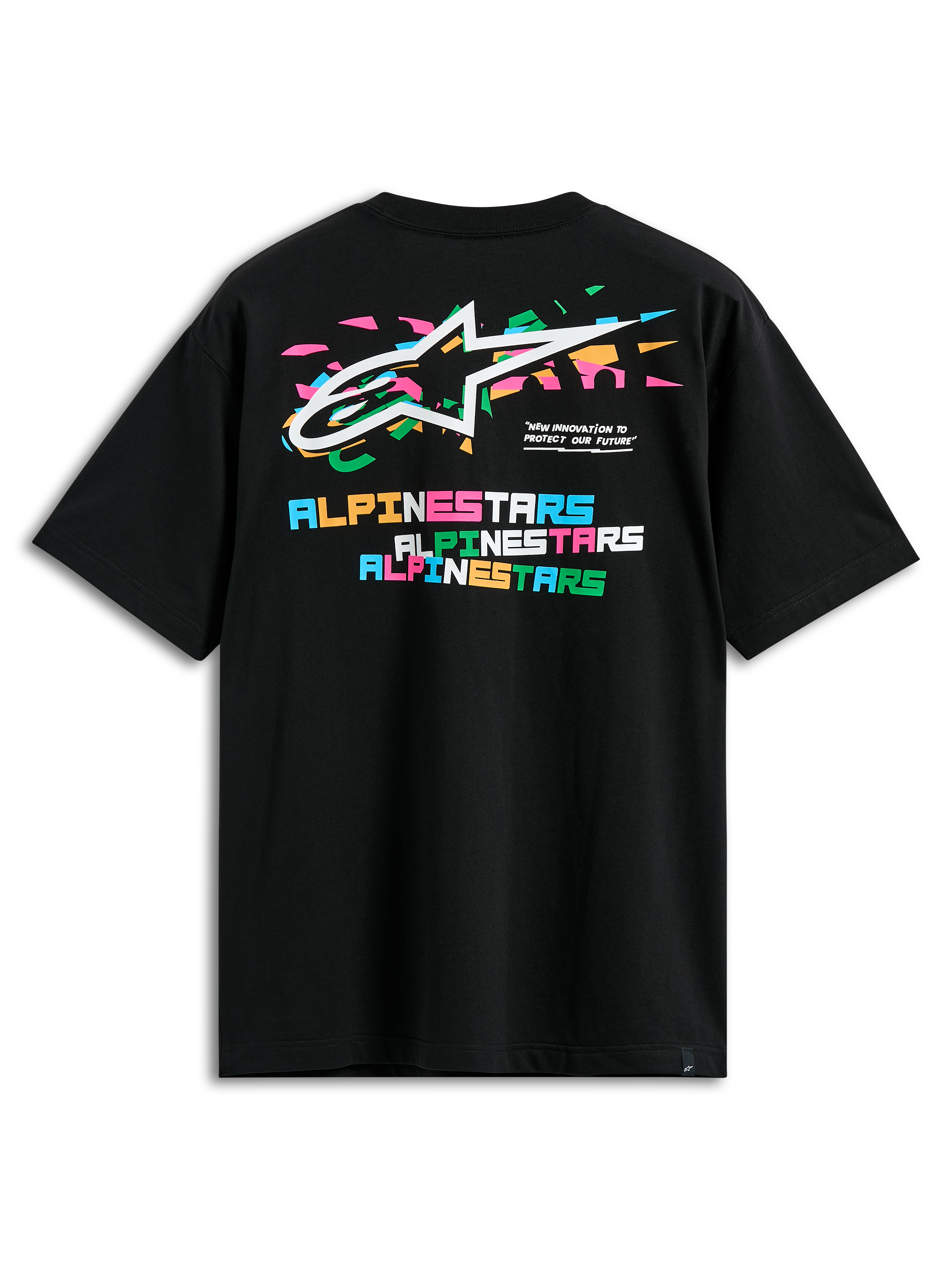 Alpinestars Wild Oversized CSF Tee, t-shirt de manga curta, preta, vista das costas com logótipo Astars multicolorido vibrante e letras Alpinestars em blocos empilhados, streetwear casual