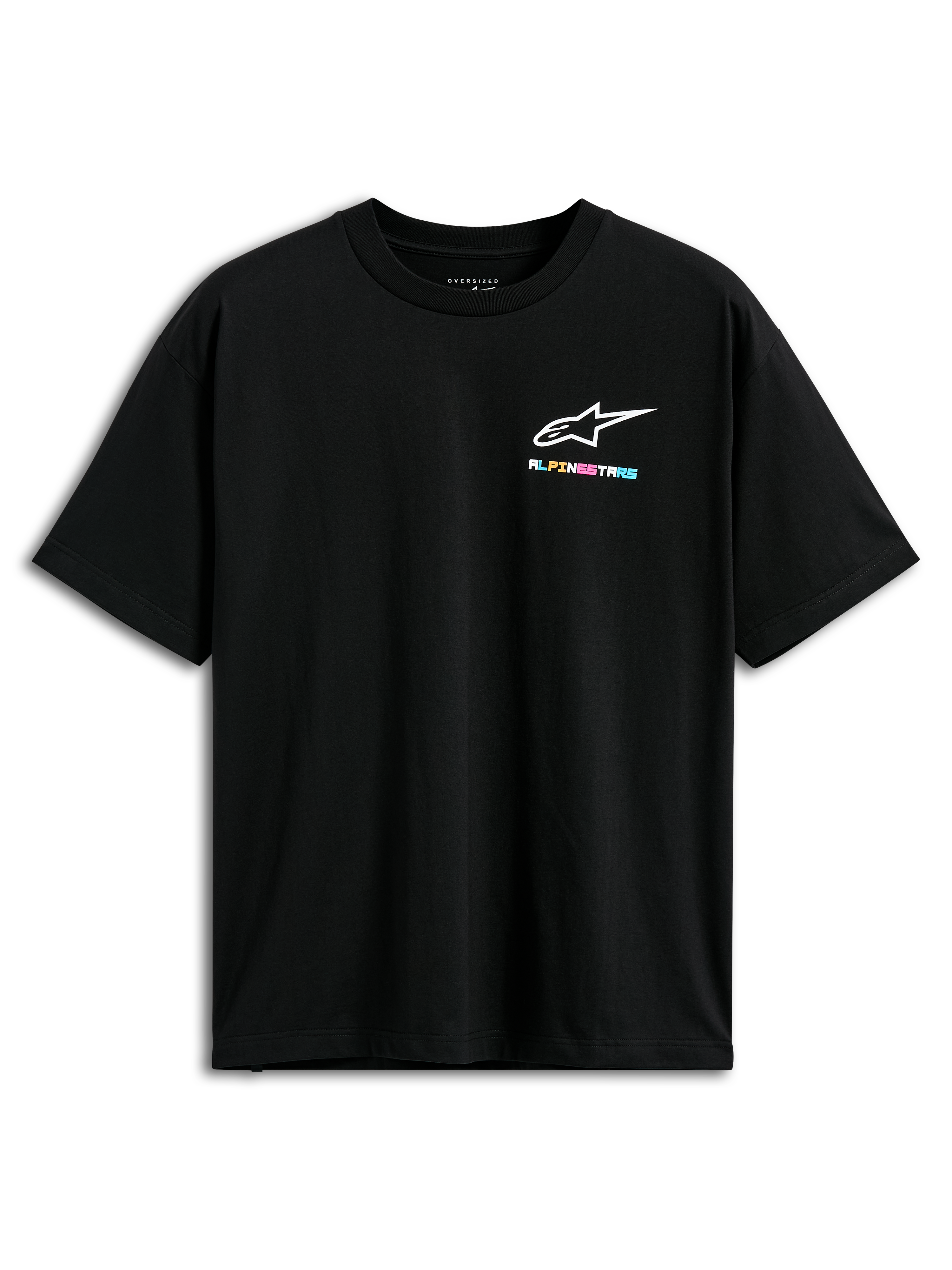 Alpinestars Wild Oversized CSF Tee, t-shirt de manga curta, preta, com um pequeno logótipo Alpinestars multicolorido vibrante no peito, corte oversized, streetwear casual