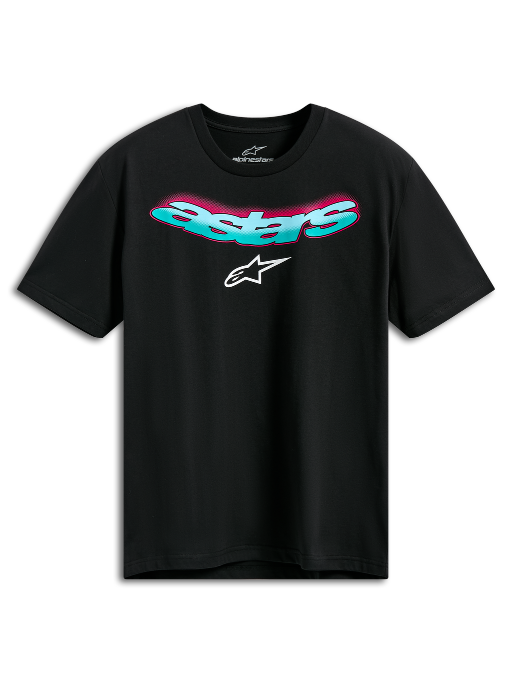 T-shirt Alpinestars Ellipsoid CSF, t-shirt de manga curta, preta, palavra Astars curvada em azul-turquesa com gradiente rosa e logótipo branco, sportswear casual de desportos motorizados