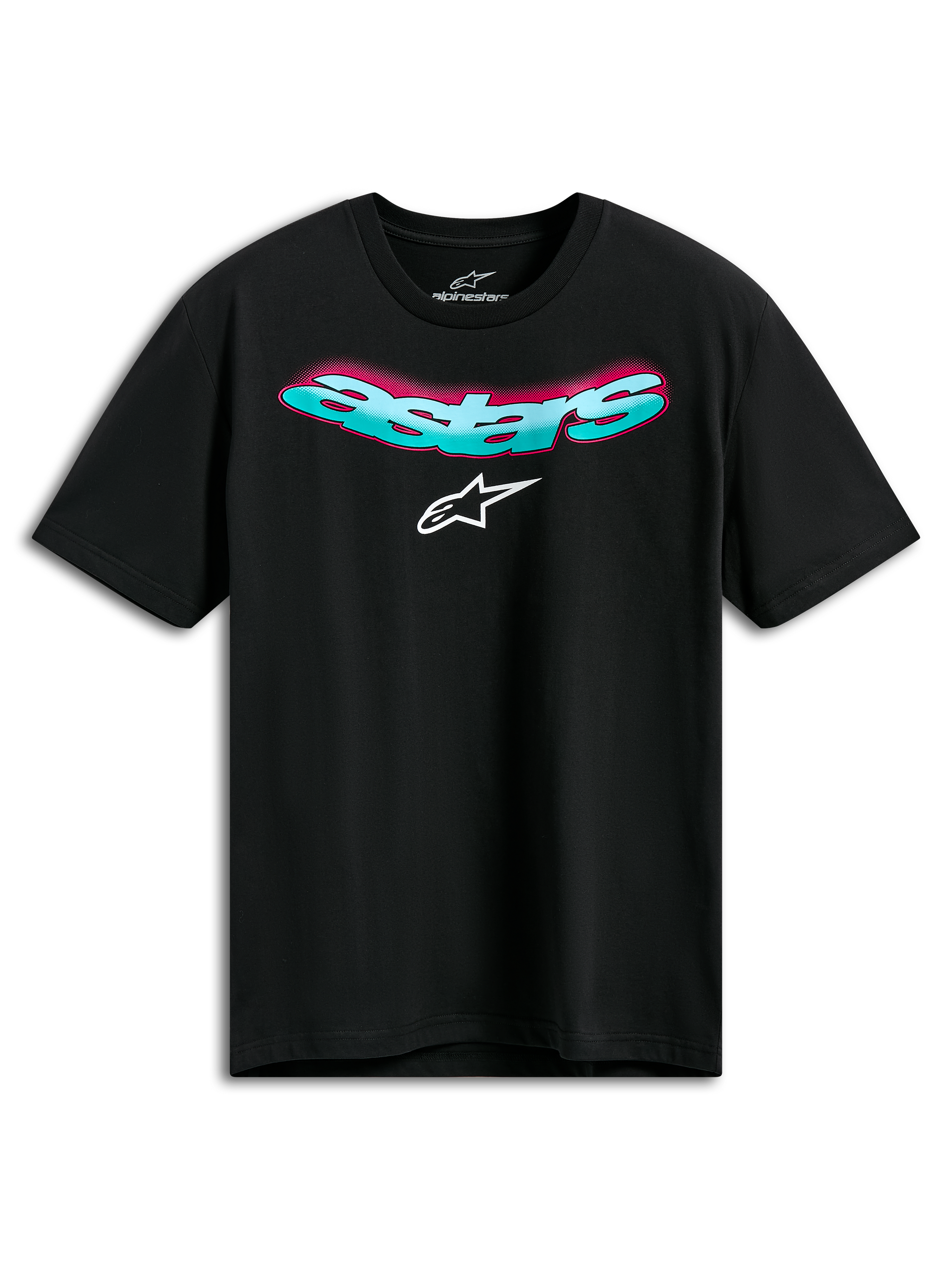 T-shirt Alpinestars Ellipsoid CSF, t-shirt de manga curta, preta, palavra Astars curvada em azul-turquesa com gradiente rosa e logótipo branco, sportswear casual de desportos motorizados