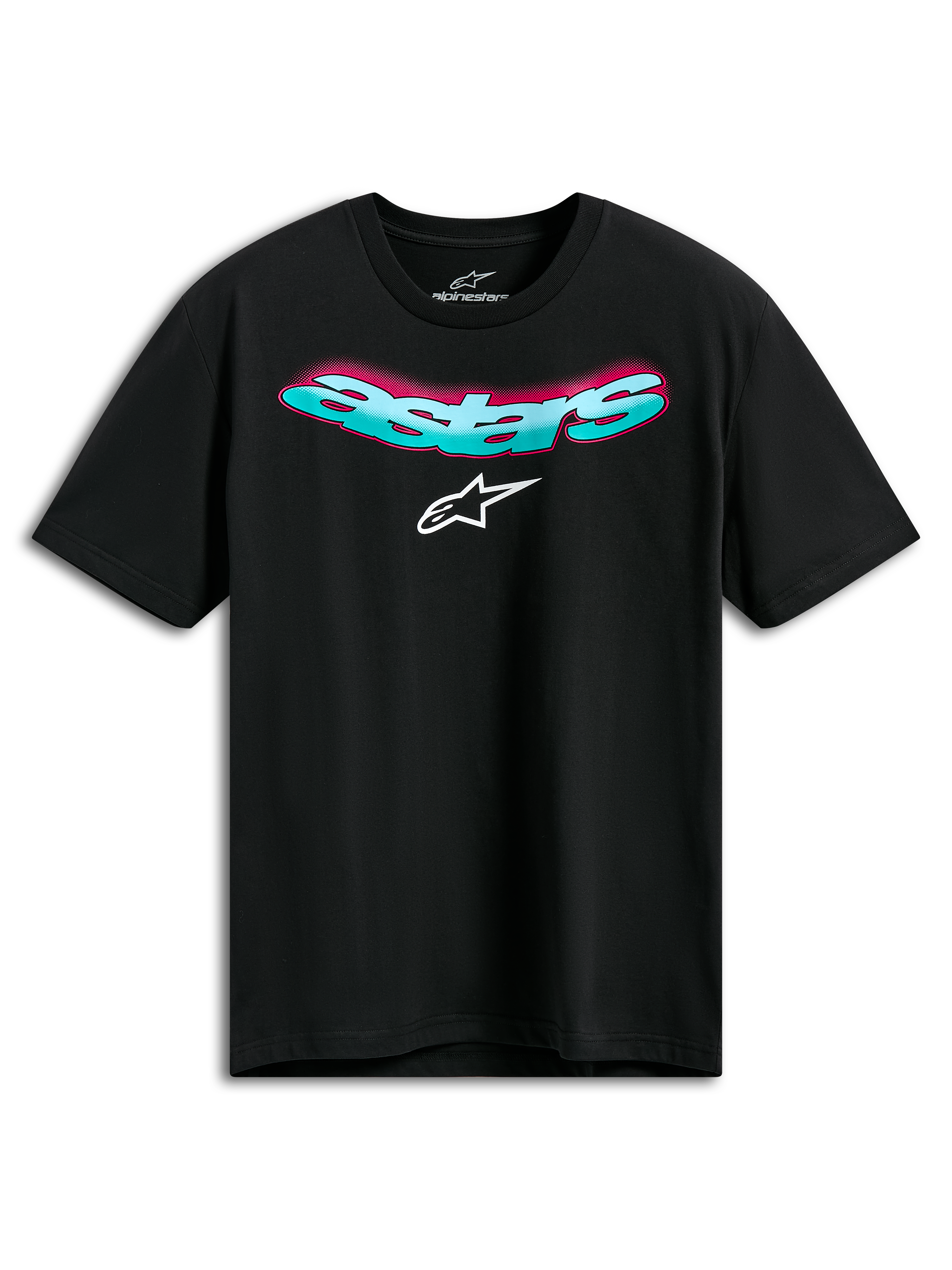 T-shirt Alpinestars Ellipsoid CSF, t-shirt de manga curta, preta, palavra Astars curvada em azul-turquesa com gradiente rosa e logótipo branco, sportswear casual de desportos motorizados
