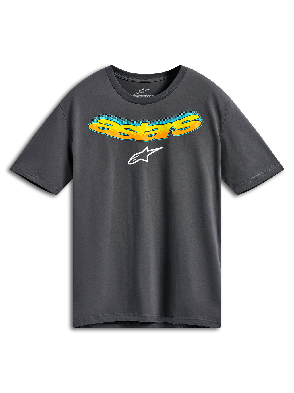T-shirt Alpinestars Ellipsoid CSF, t-shirt de manga curta, cinzento carvão, palavra Astars curvada na frente com degradé de laranja e amarelo e detalhes em meio-tom azul, logótipo Alpinestars branco, vestuário desportivo casual