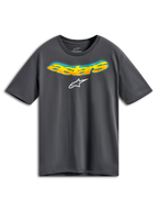 T-shirt Alpinestars Ellipsoid CSF, t-shirt de manga curta, cinzento carvão, palavra Astars curvada na frente com degradé de laranja e amarelo e detalhes em meio-tom azul, logótipo Alpinestars branco, vestuário desportivo casual