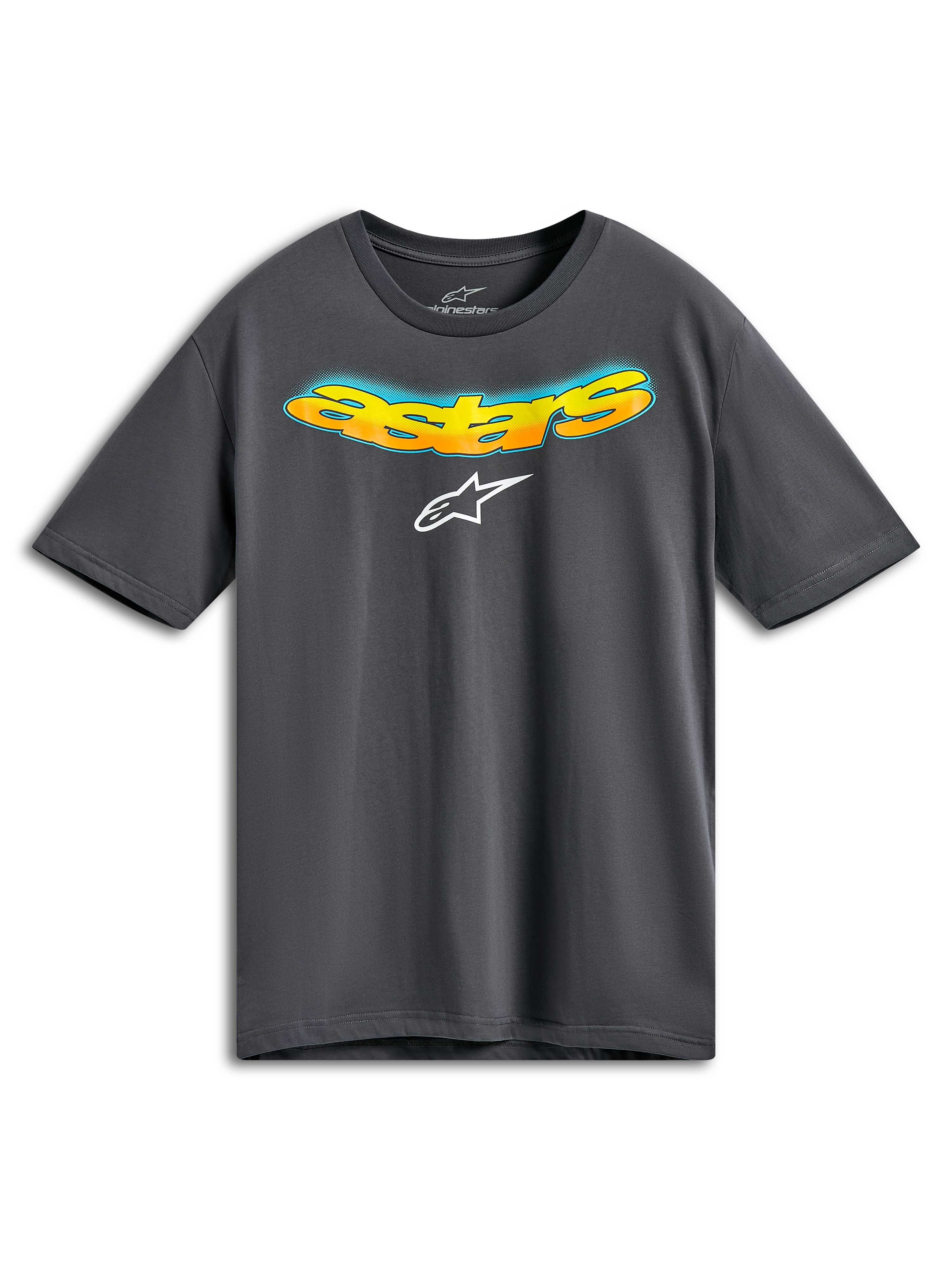 T-shirt Alpinestars Ellipsoid CSF, t-shirt de manga curta, cinzento carvão, palavra Astars curvada na frente com degradé de laranja e amarelo e detalhes em meio-tom azul, logótipo Alpinestars branco, vestuário desportivo casual