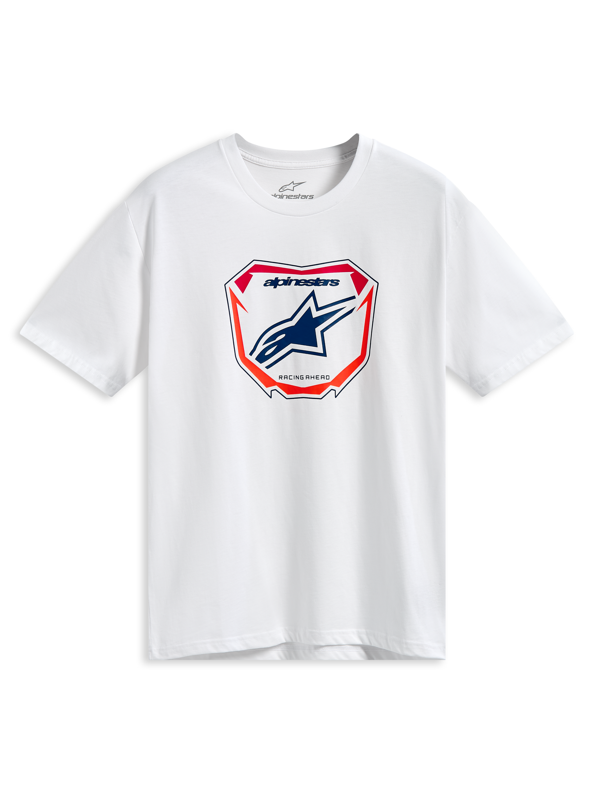 Alpinestars Plate CSF Tee, Short Sleeve T-Shirt, White, Central MX Plate Graphic with Blue Astars Logo and Red and Orange Accents, Casual Motorsport Streetwear