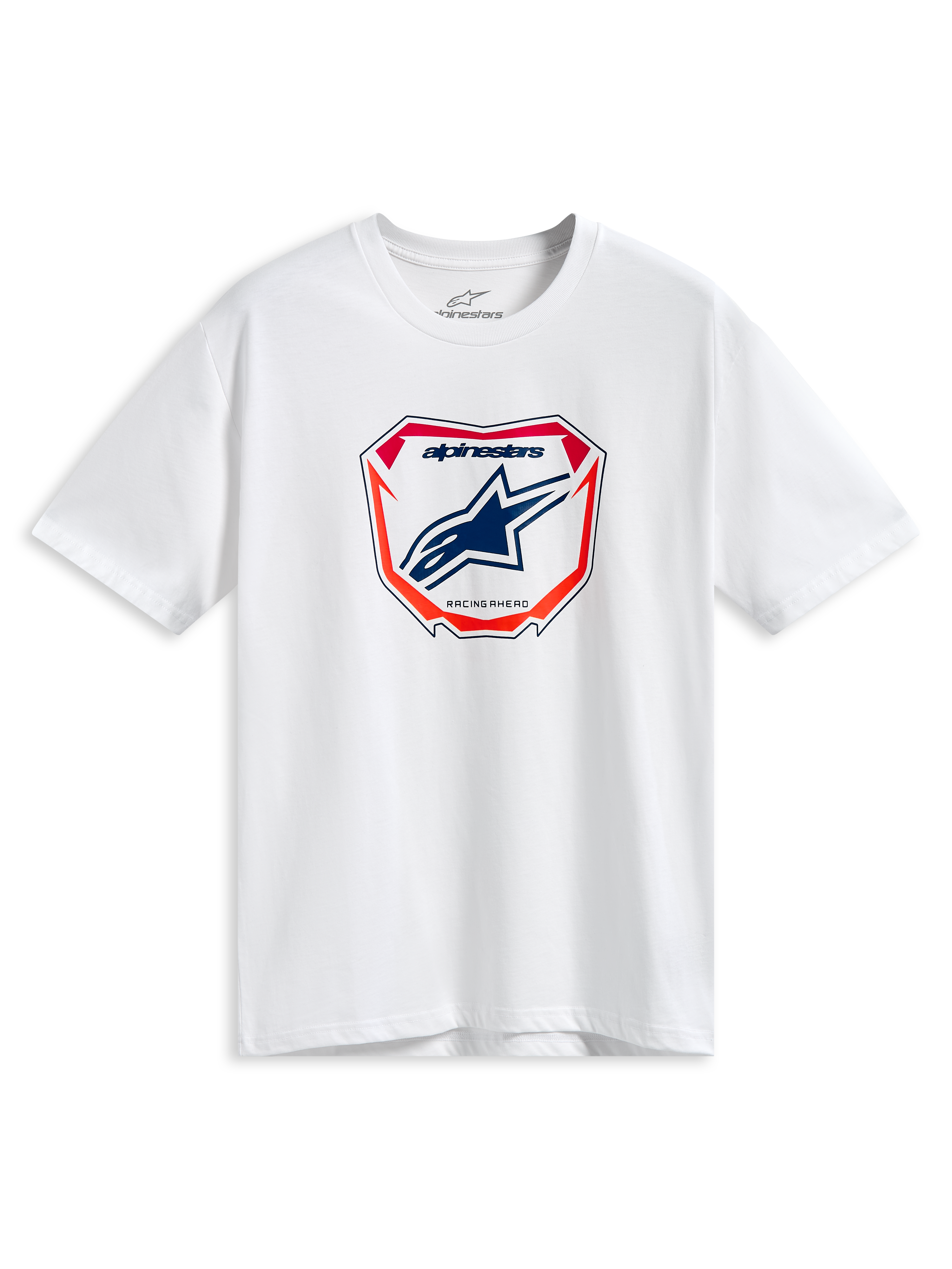 Alpinestars Plate CSF Tee, Short Sleeve T-Shirt, White, Central MX Plate Graphic with Blue Astars Logo and Red and Orange Accents, Casual Motorsport Streetwear