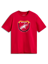Alpinestars Plate CSF Tee, t-shirt de manga curta, vermelha, gráfico frontal de placa de MX com logótipo Astars branco e texto "Racing Ahead", vestuário casual de desporto motorizado