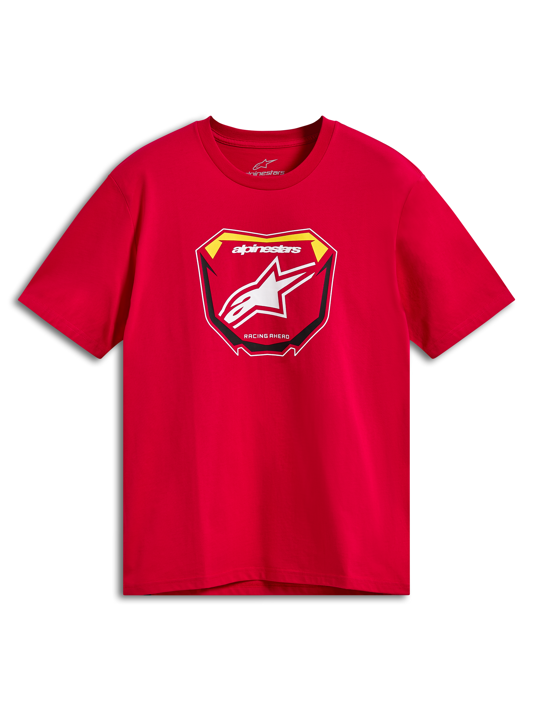 Alpinestars Plate CSF Tee, t-shirt de manga curta, vermelha, gráfico frontal de placa de MX com logótipo Astars branco e texto "Racing Ahead", vestuário casual de desporto motorizado