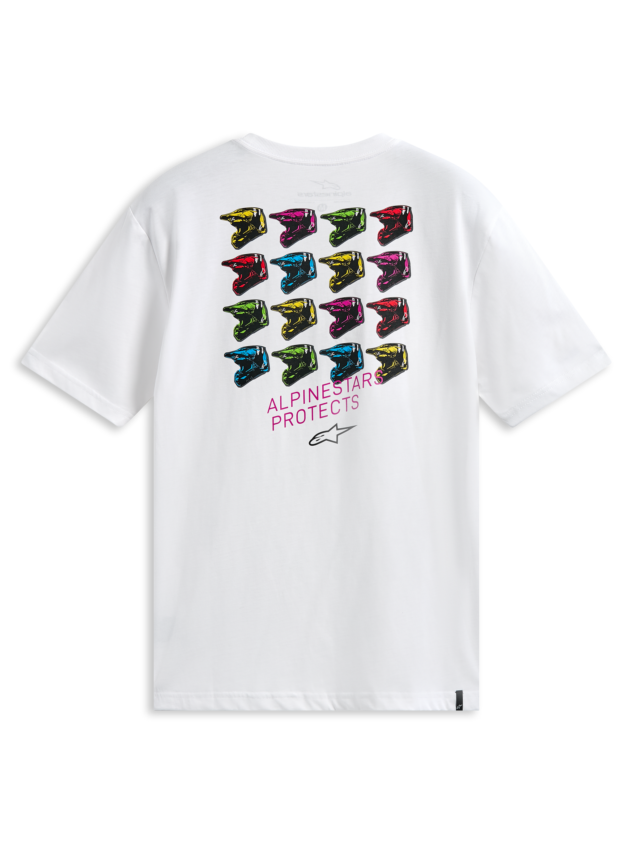Alpinestars Pop Helmet CSF Tee, t-shirt de manga curta, branca, vista traseira com uma grelha de capacetes M10 multicoloridos e o texto ALPINESTARS PROTECTS, streetwear casual inspirado no desporto motorizado