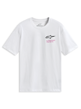 Alpinestars Pop Helmet CSF Tee, t-shirt de manga curta branca, com logótipo Astars na frente e inscrição 'Alpinestars Protects' em cor-de-rosa, gráfico colorido do capacete M10 nas costas, vestuário desportivo casual de motorsport