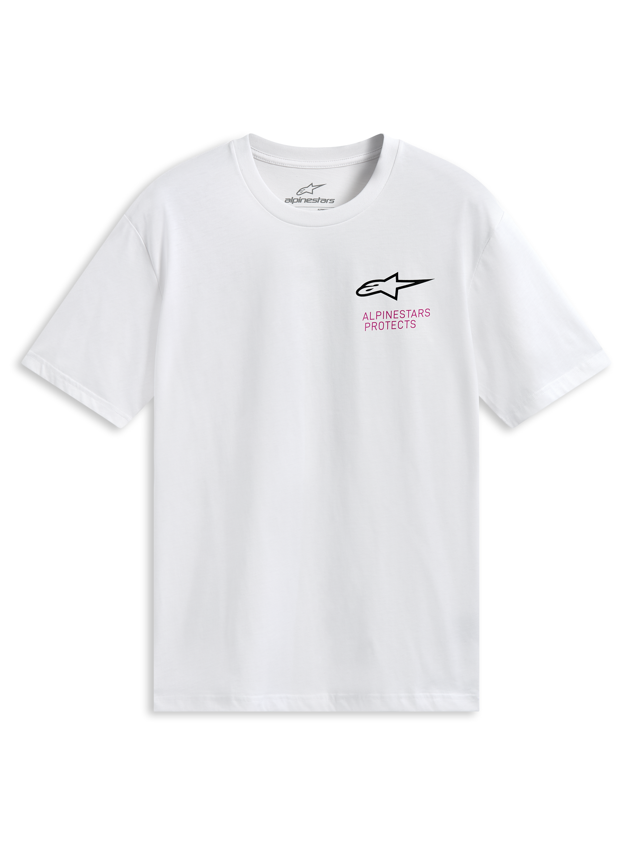 Alpinestars Pop Helmet CSF Tee, t-shirt de manga curta branca, com logótipo Astars na frente e inscrição 'Alpinestars Protects' em cor-de-rosa, gráfico colorido do capacete M10 nas costas, vestuário desportivo casual de motorsport