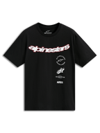 T-shirt Alpinestars Abus CSF, t-shirt de manga curta preta, logótipo curvo Alpinestars em branco com contorno vermelho, múltiplos gráficos sobrepostos incluindo "Racing Ahead" e "1963", streetwear casual de desportos motorizados