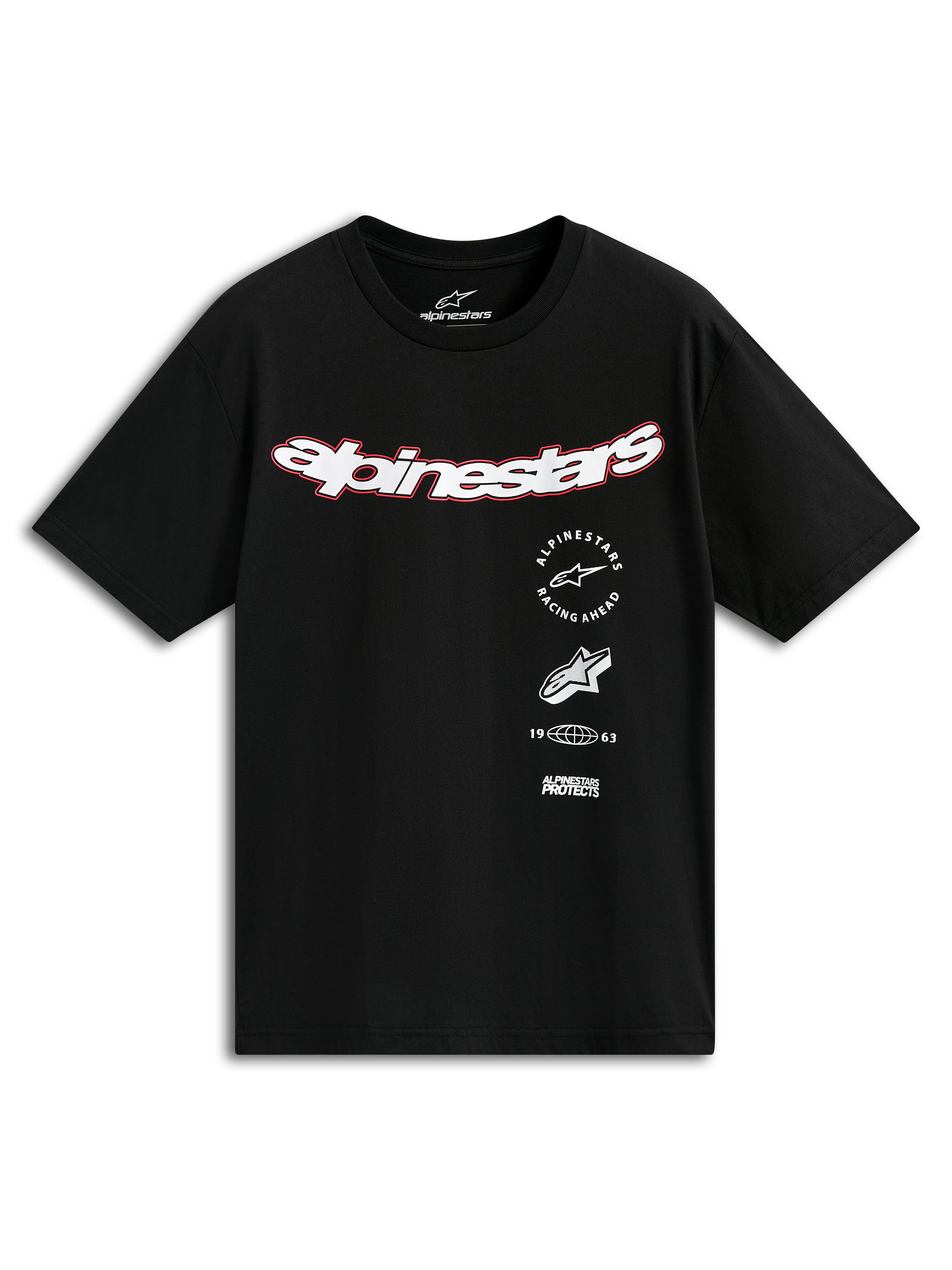 T-shirt Alpinestars Abus CSF, t-shirt de manga curta preta, logótipo curvo Alpinestars em branco com contorno vermelho, múltiplos gráficos sobrepostos incluindo "Racing Ahead" e "1963", streetwear casual de desportos motorizados