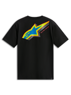 T-shirt Alpinestars Angler CSF, t-shirt de manga curta, preta, vista traseira com logótipo Astars multicolor com preenchimento perfurado azul e texto Racing Ahead, streetwear casual de desporto motorizado