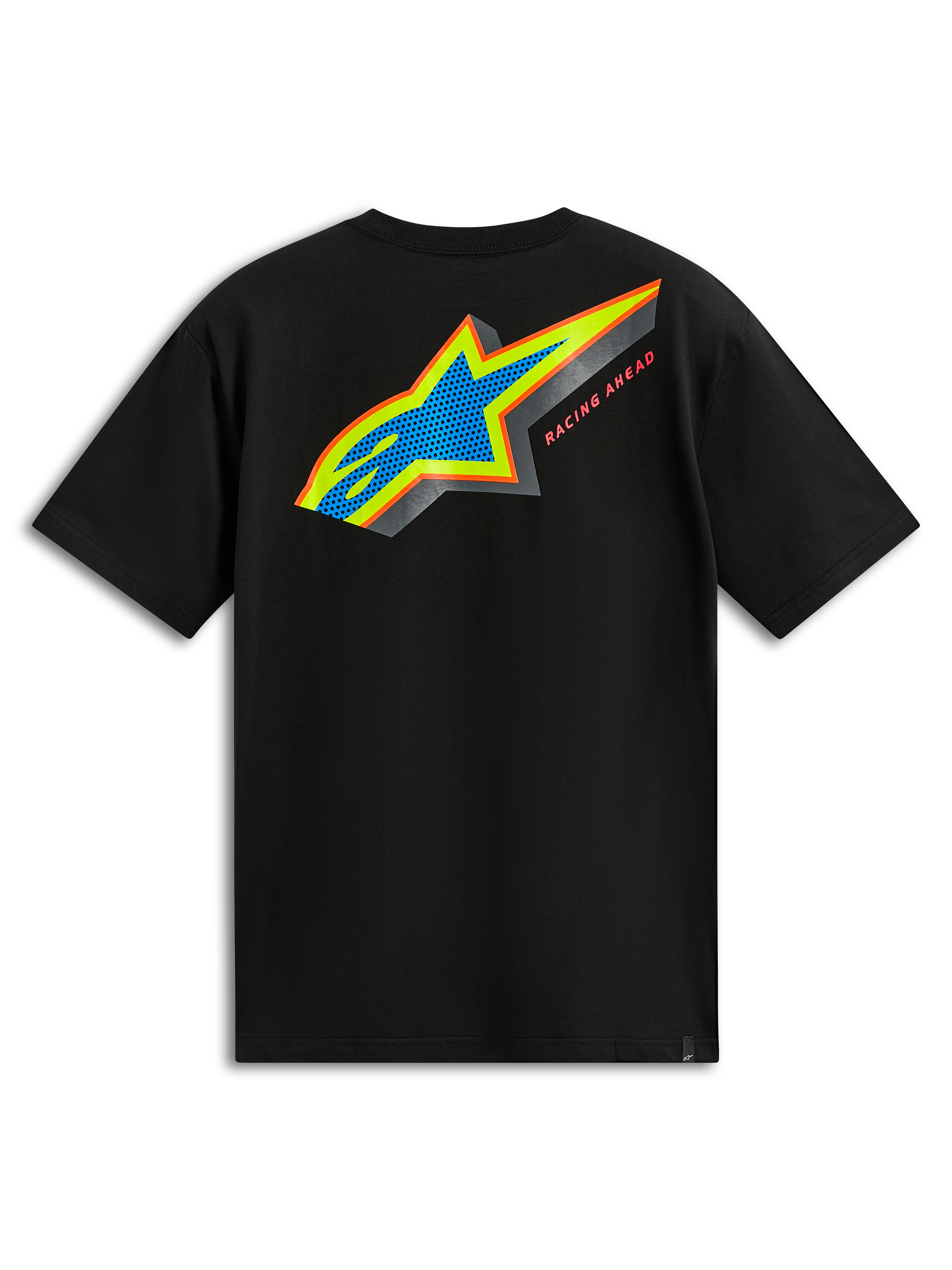T-shirt Alpinestars Angler CSF, t-shirt de manga curta, preta, vista traseira com logótipo Astars multicolor com preenchimento perfurado azul e texto Racing Ahead, streetwear casual de desporto motorizado