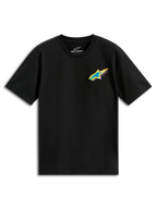 Alpinestars Angler CSF Tee, t-shirt de manga curta, preta, logótipo Astars vibrante e multicolor com estrela azul e contorno amarelo no peito, streetwear casual de motorsport