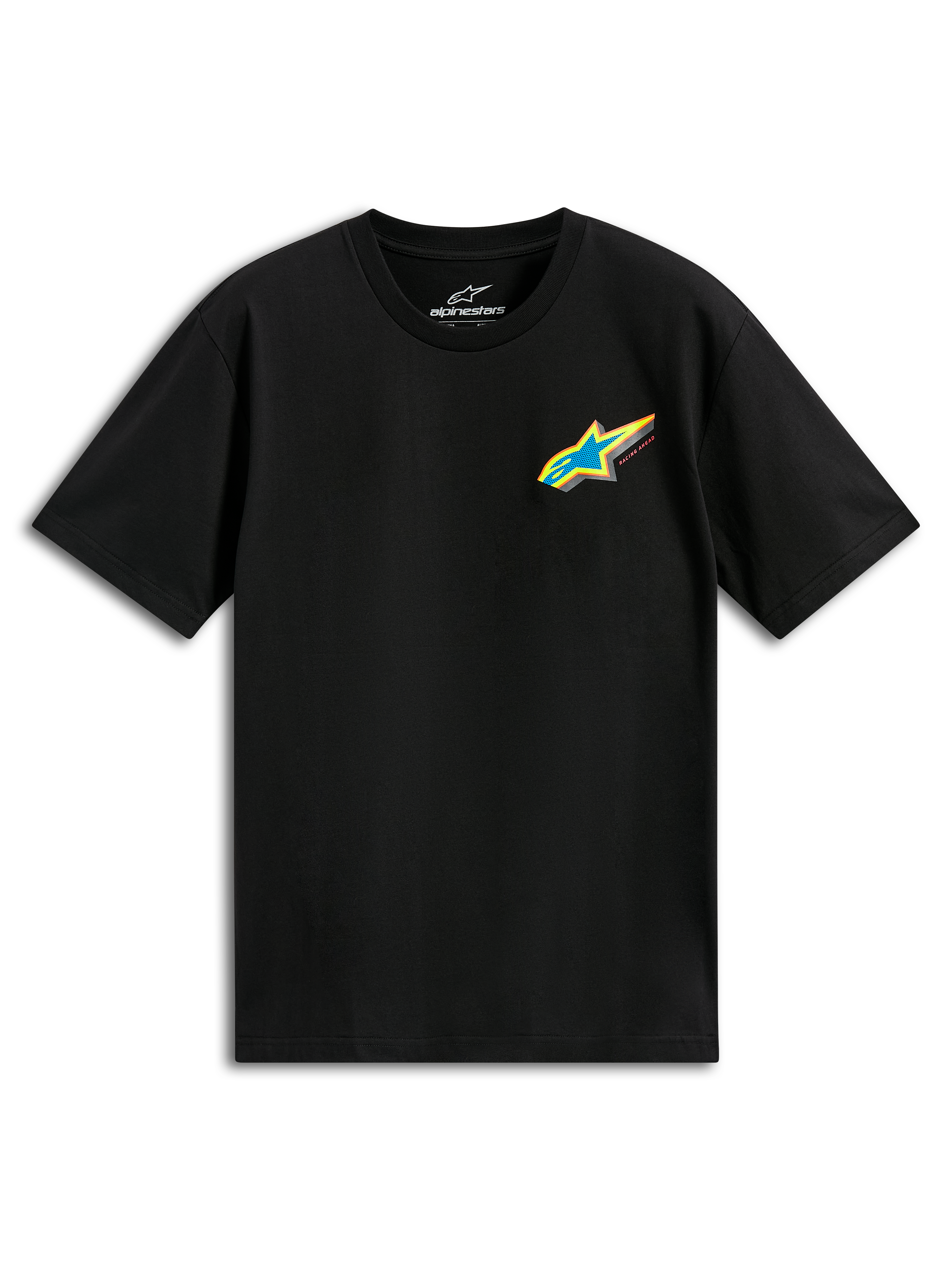 Alpinestars Angler CSF Tee, t-shirt de manga curta, preta, logótipo Astars vibrante e multicolor com estrela azul e contorno amarelo no peito, streetwear casual de motorsport