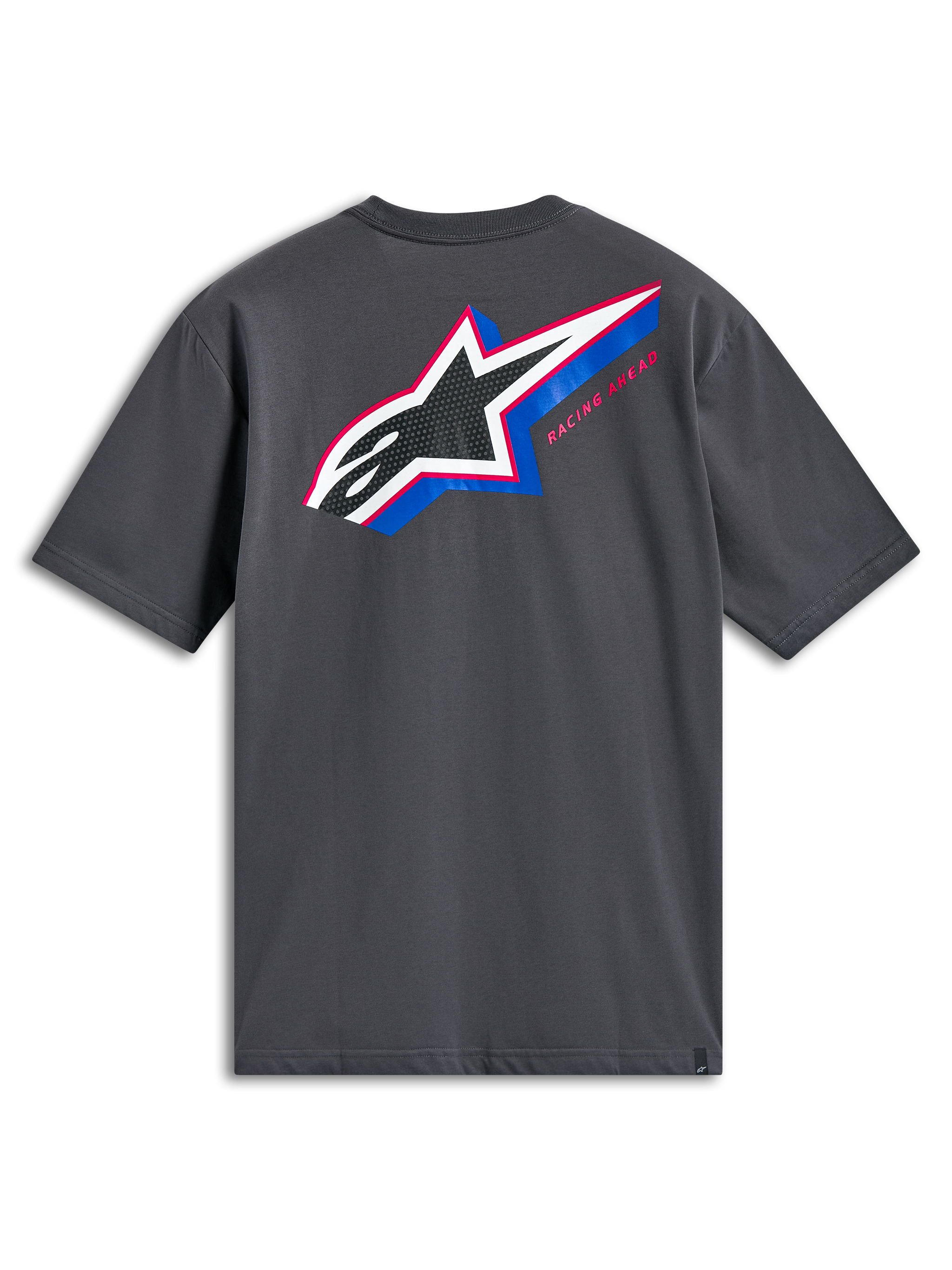 Alpinestars Angler CSF Tee, t-shirt de manga curta, cinzento-carvão, vista traseira com logótipo Astars grande e multicolor com preenchimento perfurado, detalhes em azul e cor-de-rosa e texto 'Racing Ahead', streetwear casual de desportos motorizados