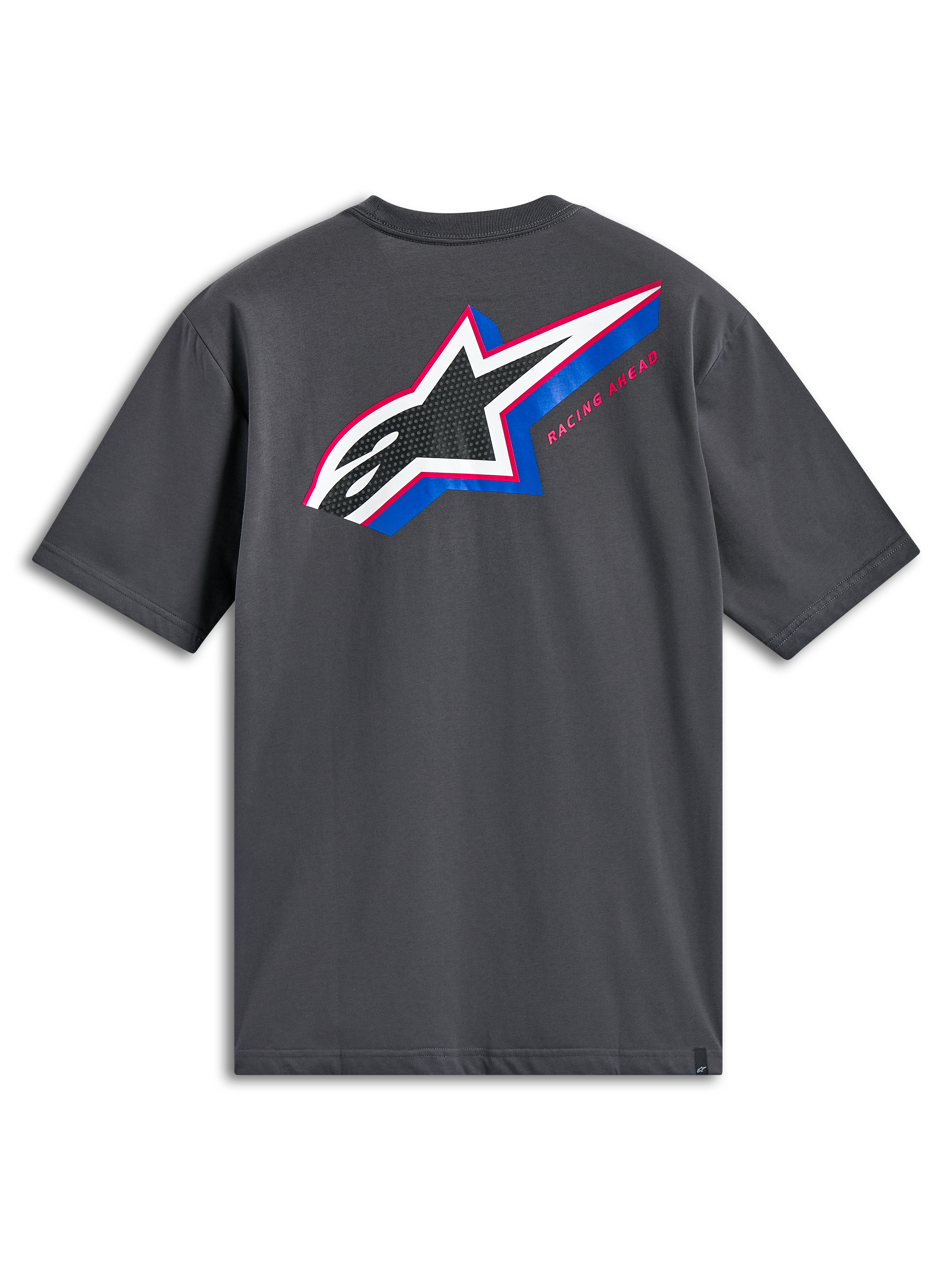 Alpinestars Angler CSF Tee, t-shirt de manga curta, cinzento-carvão, vista traseira com logótipo Astars grande e multicolor com preenchimento perfurado, detalhes em azul e cor-de-rosa e texto 'Racing Ahead', streetwear casual de desportos motorizados