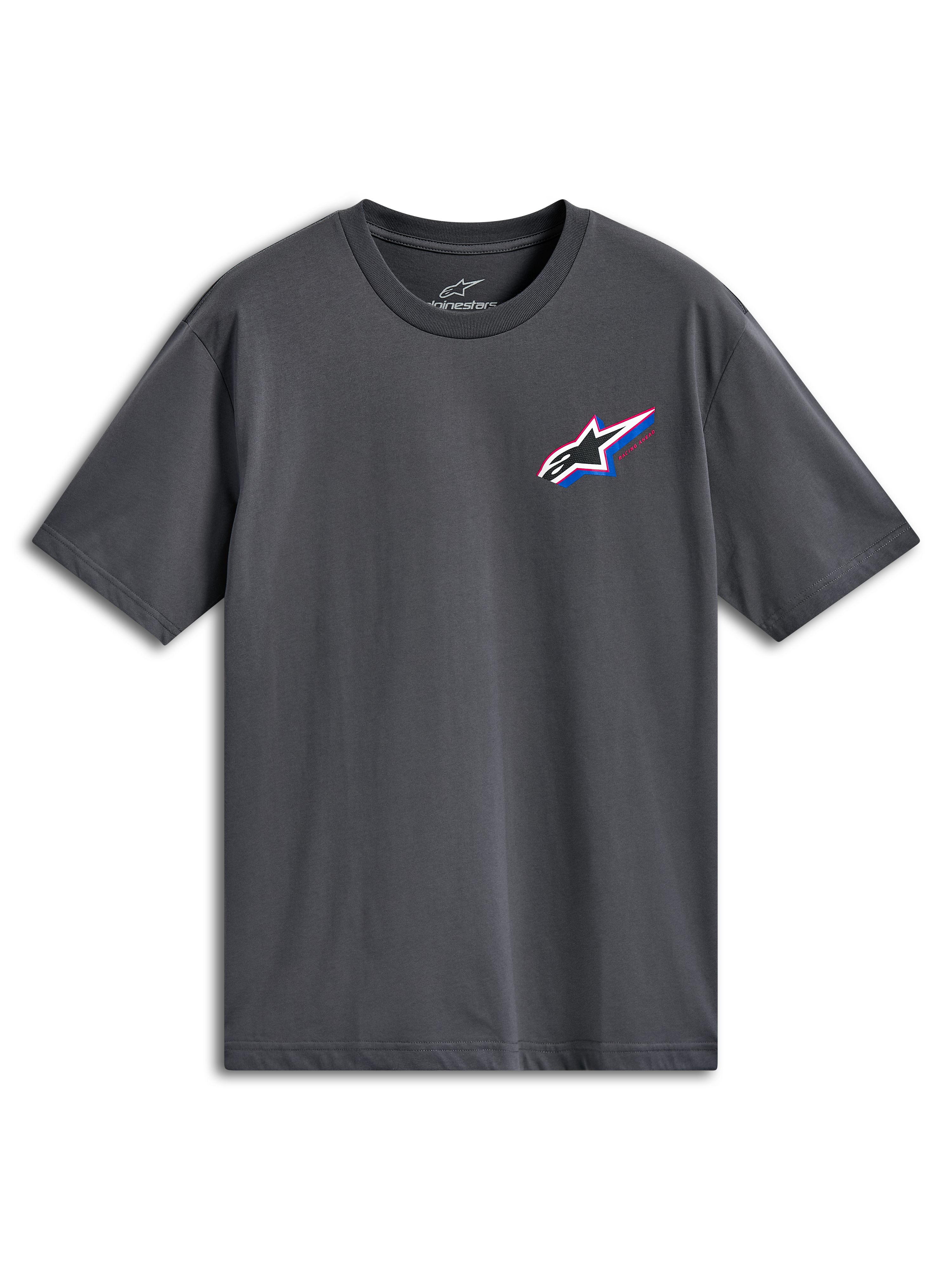 Alpinestars Angler CSF Tee, t-shirt de manga curta, cinzento antracite, logótipo Astars multicolorido no lado esquerdo do peito com detalhes em vermelho e azul, streetwear casual motorsport